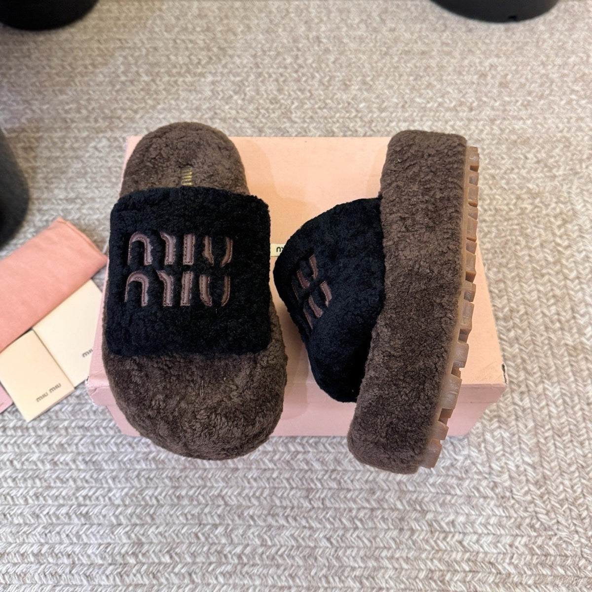 Miumiu 26s Platform Slides Dark Brown And Black Shearling
