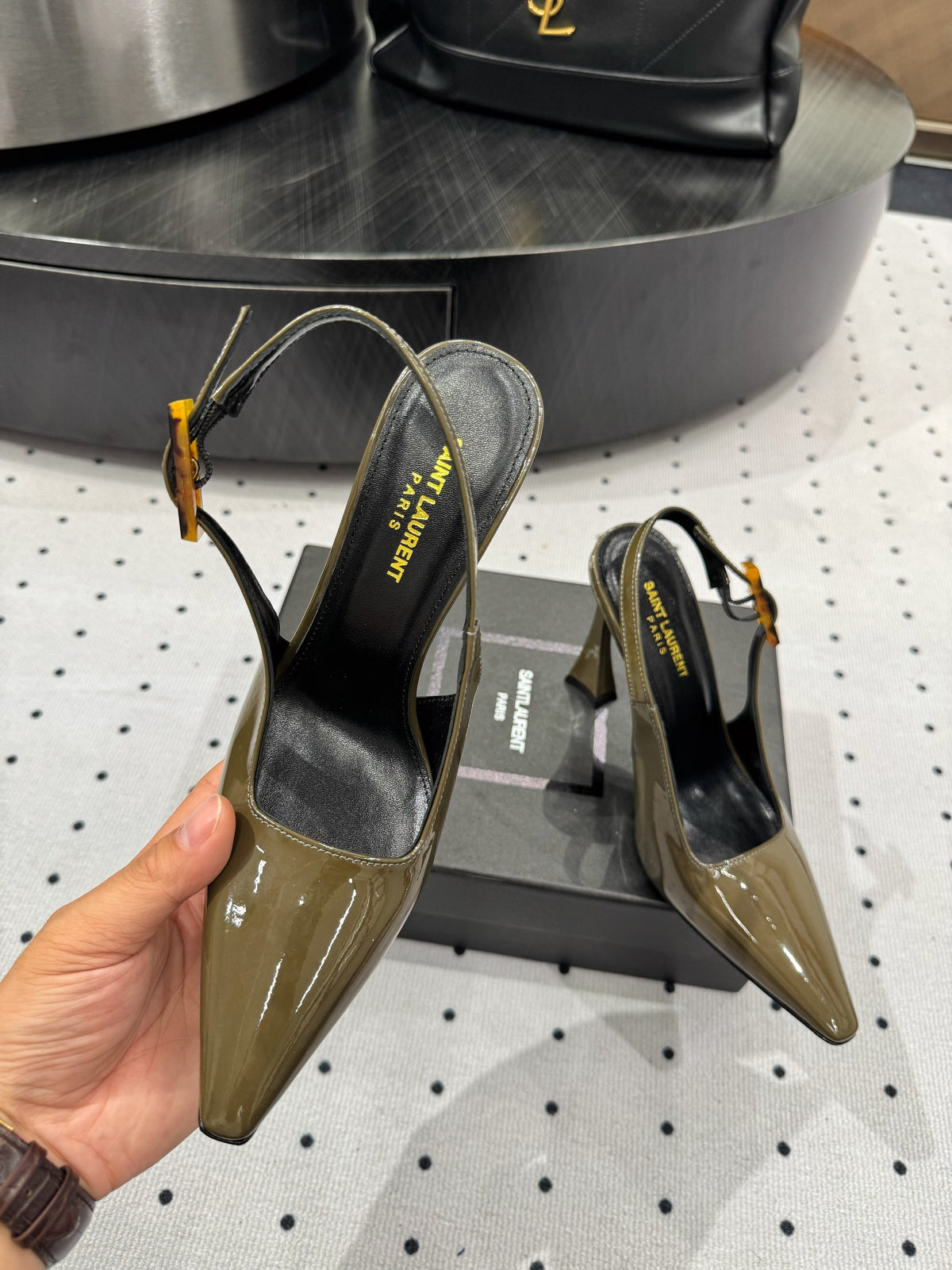 YSL 26s Slingback Heels 10.5cm Olive Green Glossy Calfskin With Buckle Closure