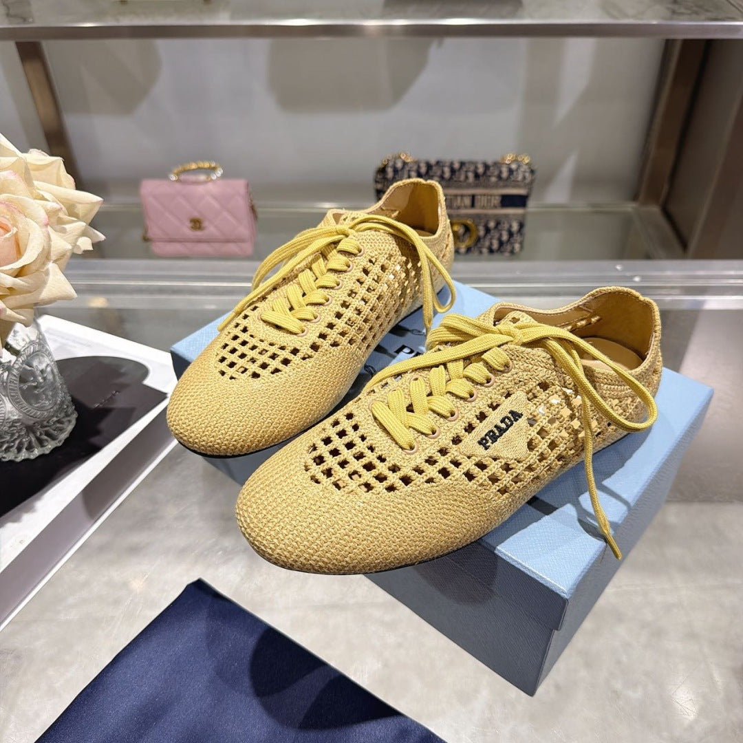 Prada 26s Lace Up Openwork Knit Sneakers Yellow Beige Knit Fabric
