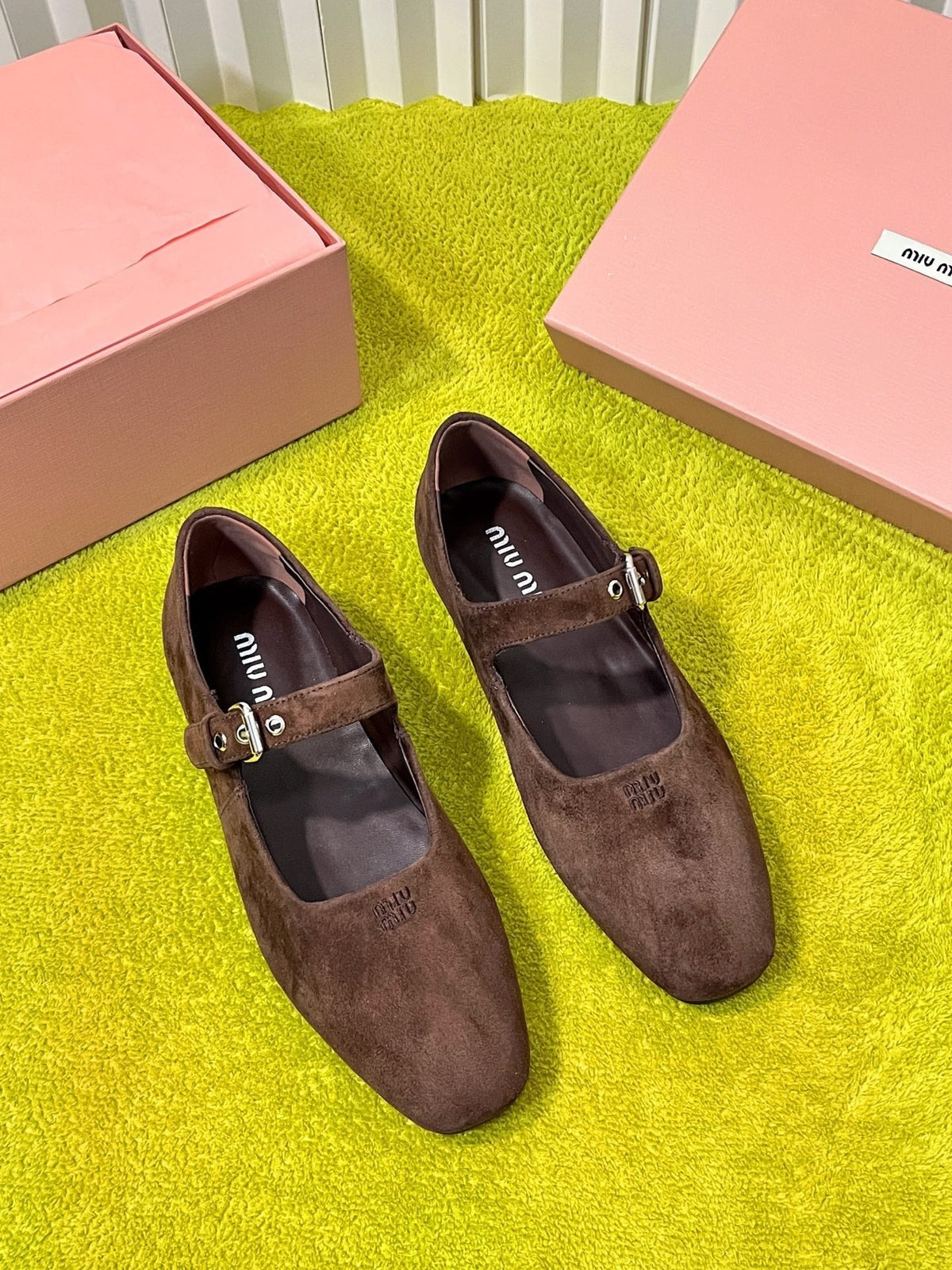 Miu 26S Mary Jane Flats Buckled Strap Logo Brown Suede 137202