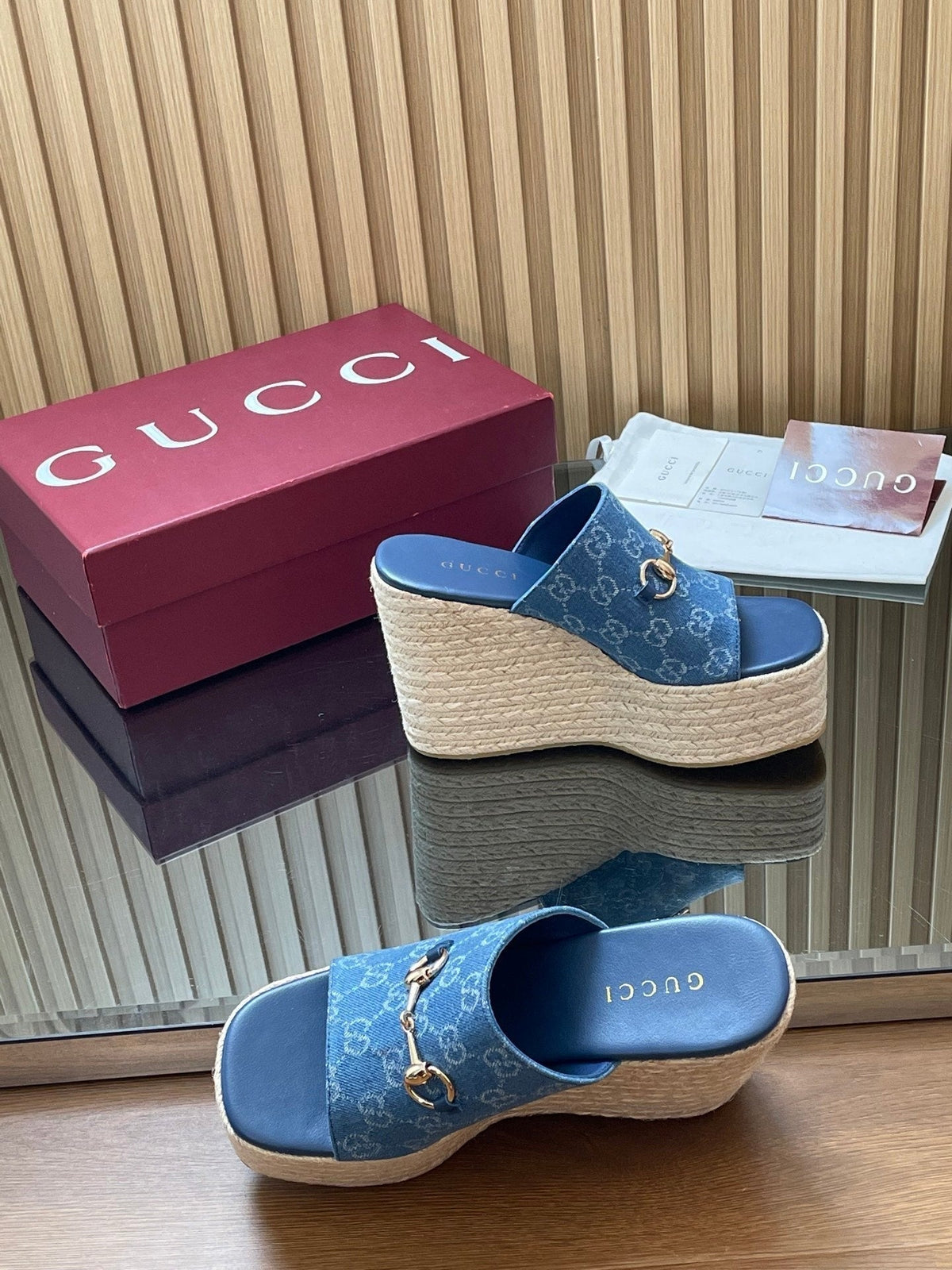 Gucci 26S Wedge Sandals 11Cm In Blue Canvas GG Monogram