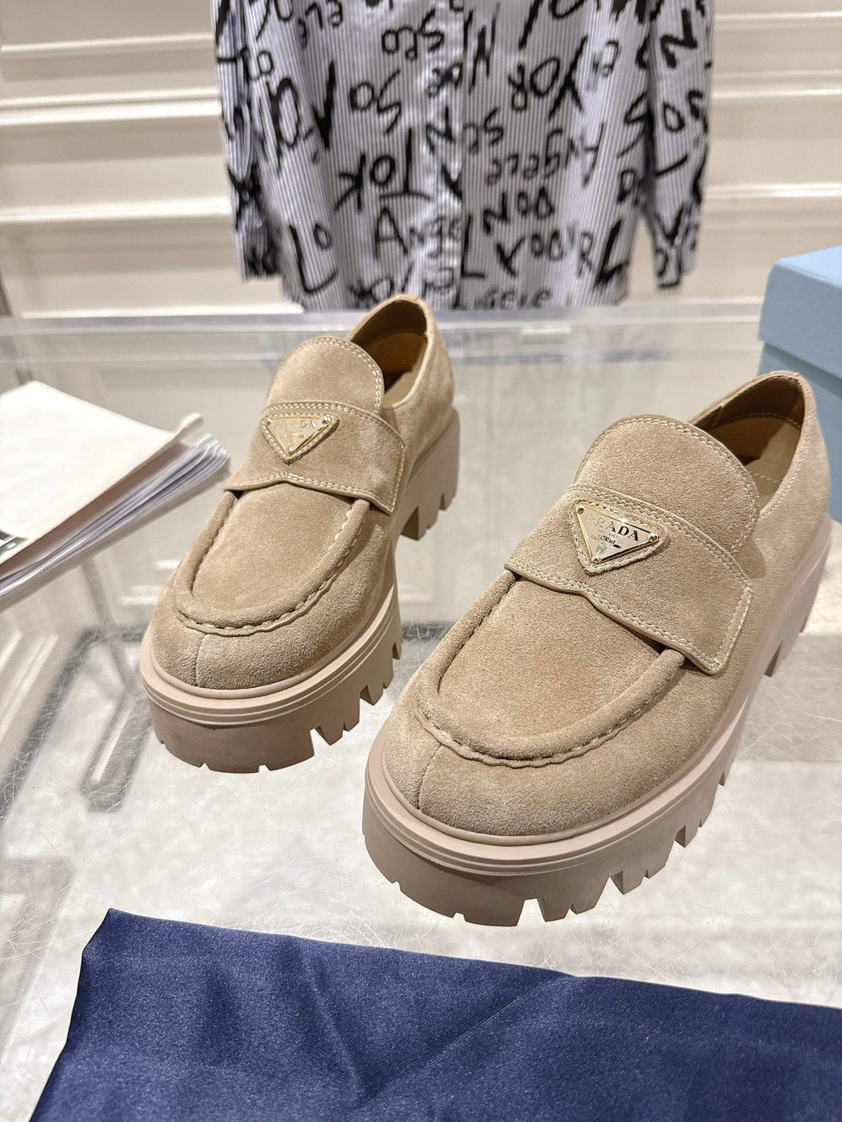 Prada 26S Platform Loafers 45mm Beige Suede