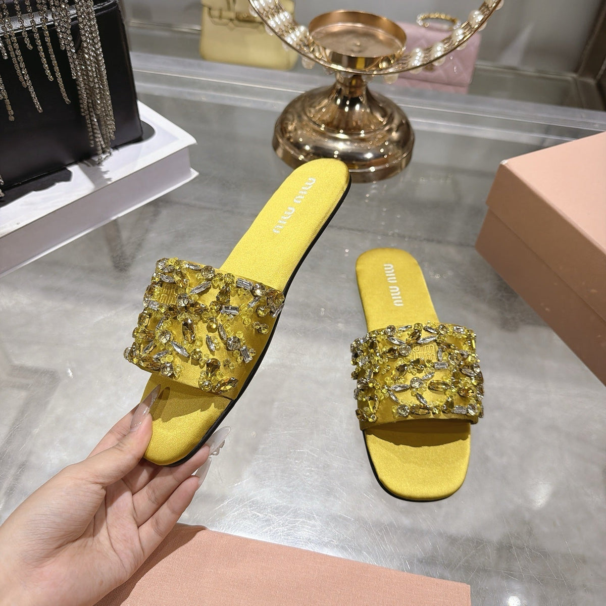 Miumiu 26s Sandals Yellow Embellished Silk