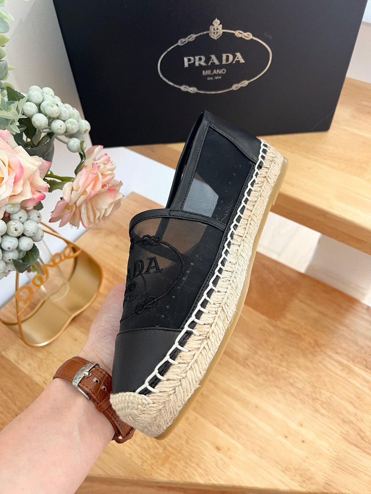 Prada 26s Embroidered Logo Espadrille Flats Black Mesh Calfskin