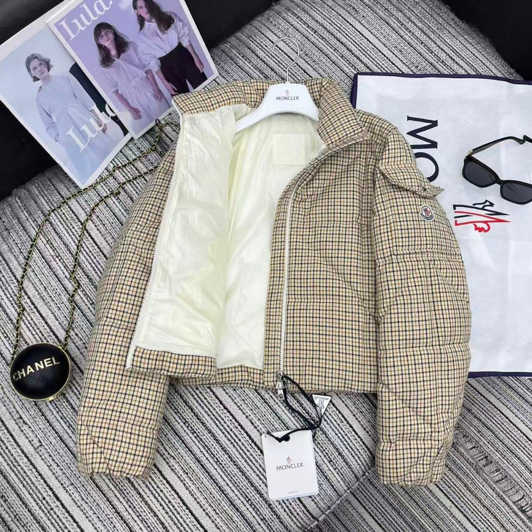 Moncler 2026 Keros Wool Blend Check Short Down Beige Jacket 260816
