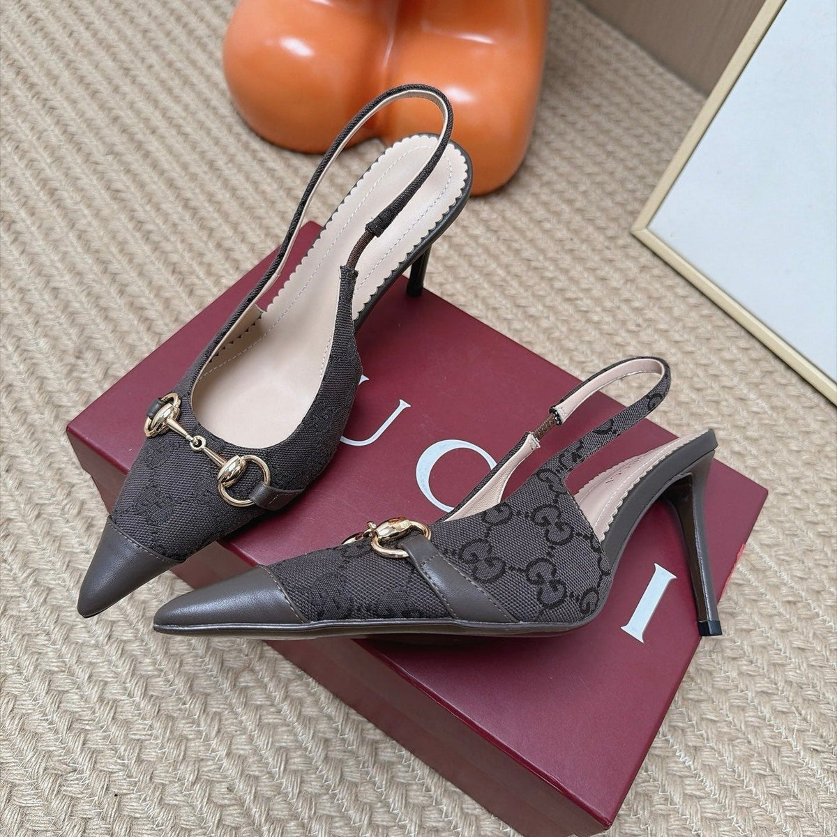 Gucci 26s Slingback Heels 10.5cm Dark Brown Canvas Mix Lambskin