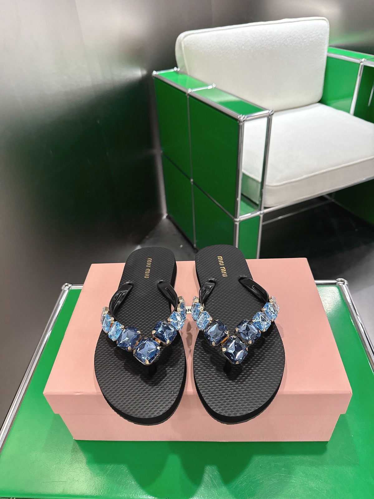 Miumiu 26s Thong Sandals Black Eva Blue Crystal-embellished