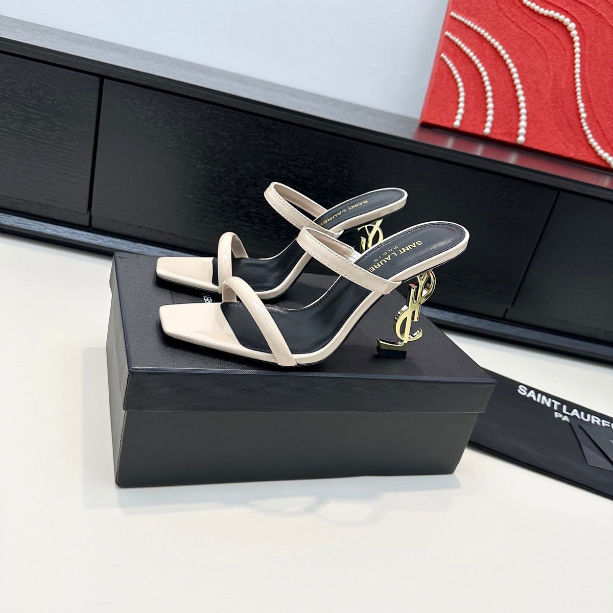 YSL 26S Double-Strap Heeled Sandals 100 Mm In Cream Beige Calfskin