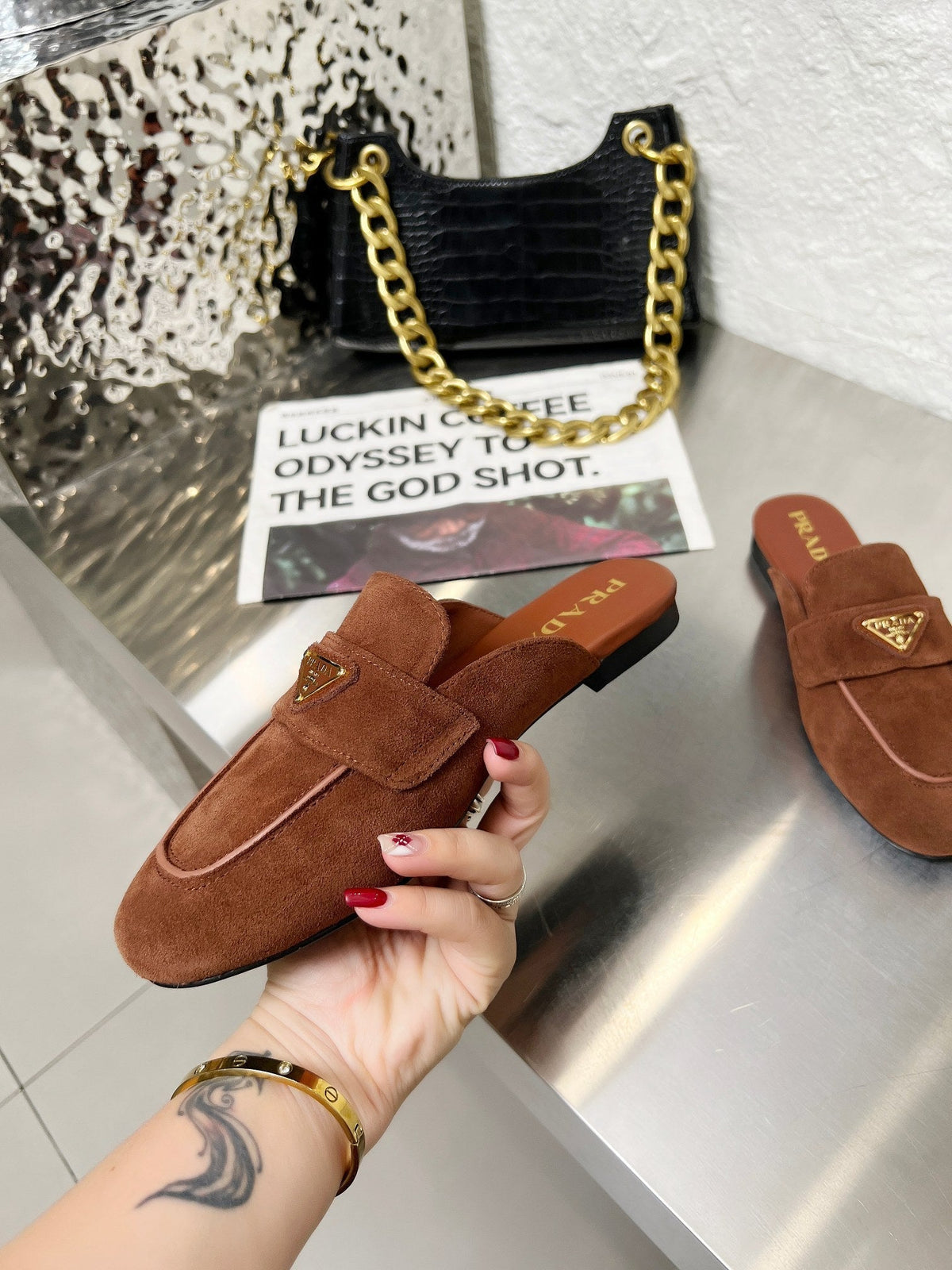 Prada 26s Mule Loafers Chocolate Brown Suede With Logo