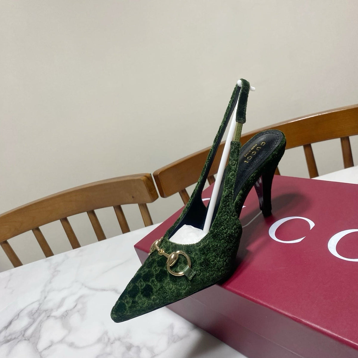 Gucci 26s Slingback Heels 8.5cm Dark Green Velvet