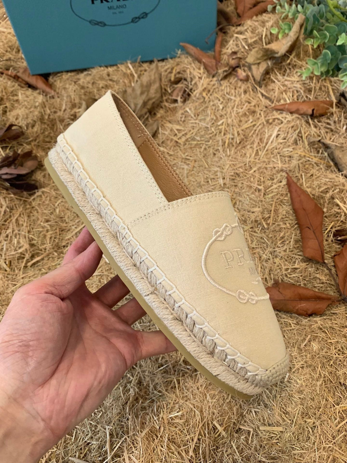 Prada 26s Espadrille Flats Light Beige Canvas Embroidered Logo