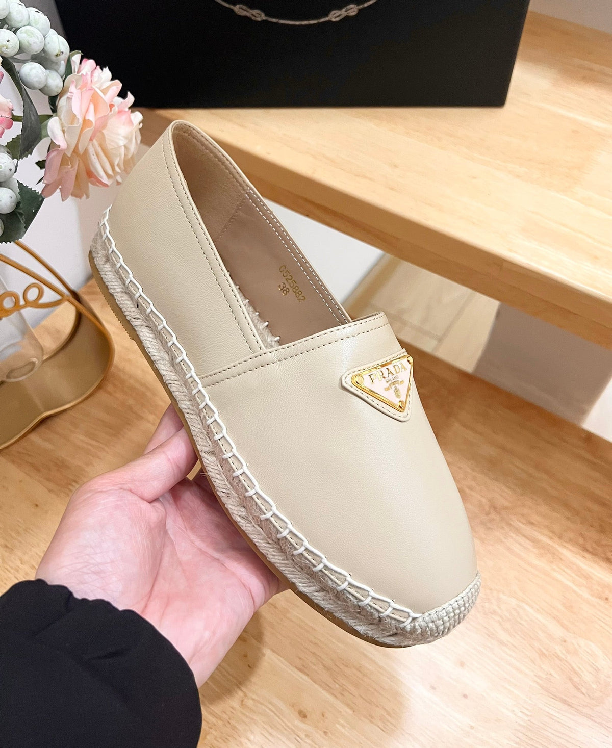 Prada 26s Logo Espadrille Slip On Flats Dark Beige Calfskin
