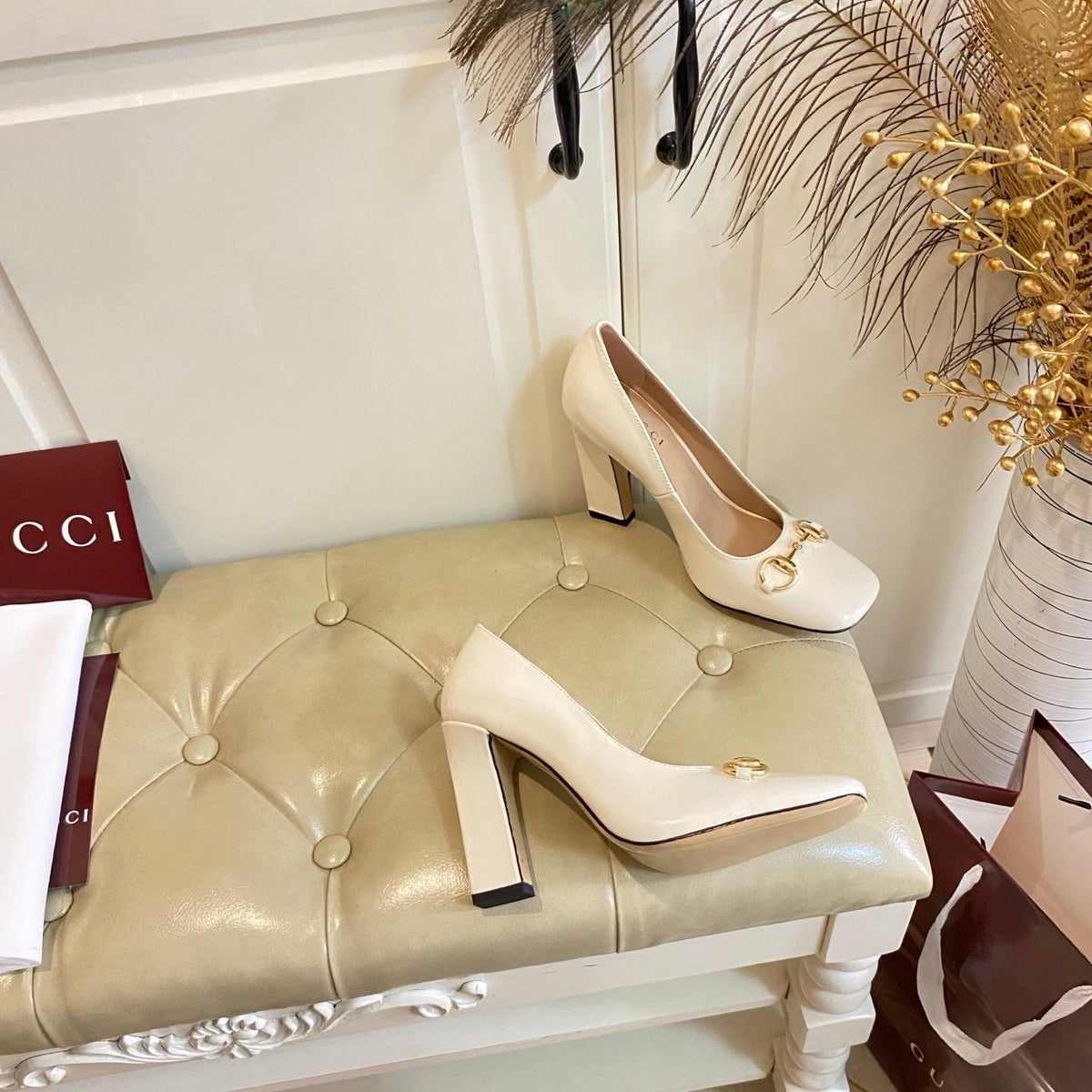 Gucci 26s Horsebit Mid-Heel Pumps 10cm Cream White Calfskin
