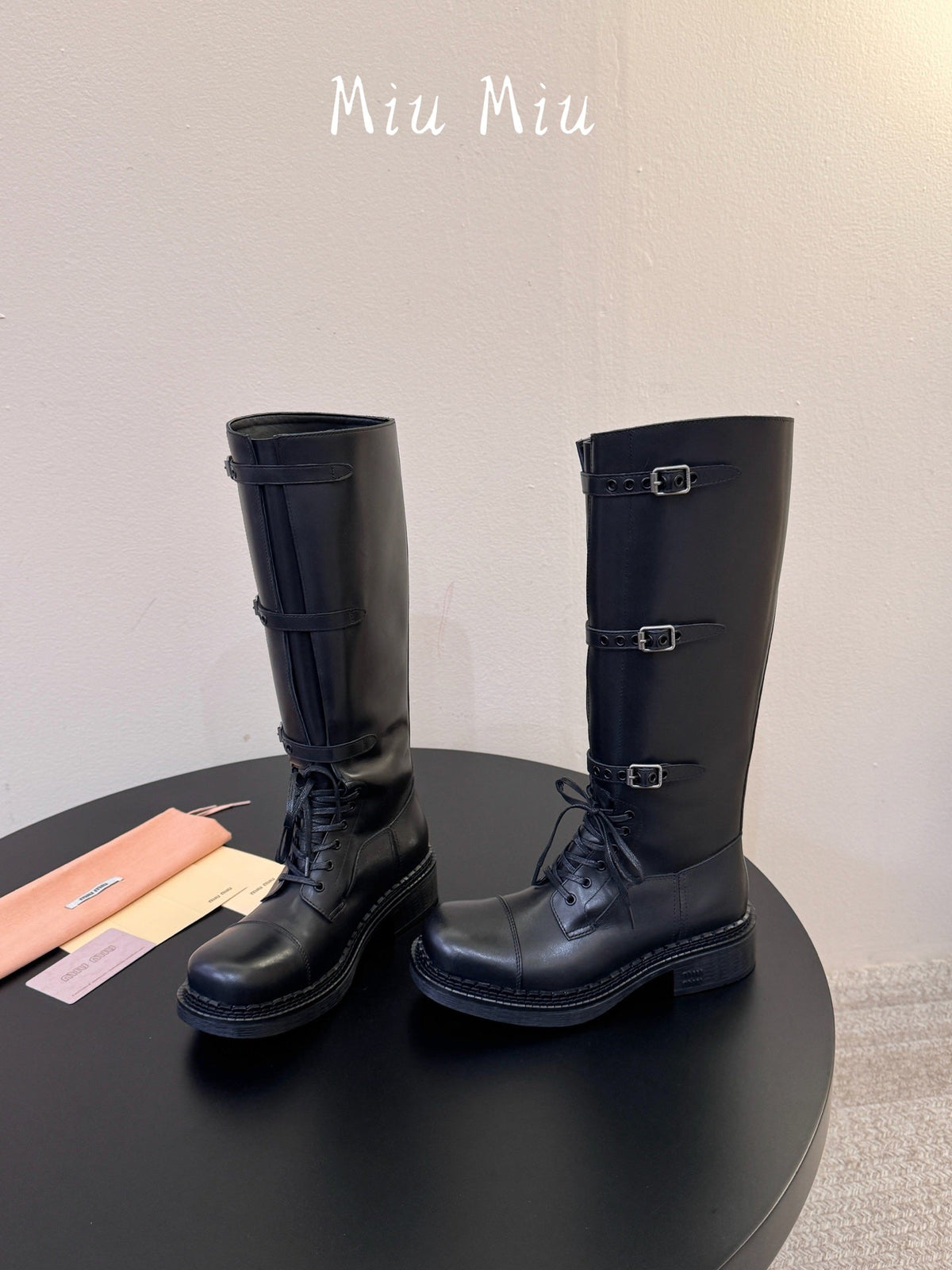 Miumiu 26s Lace-up Knee-high Boots Black Calfskin