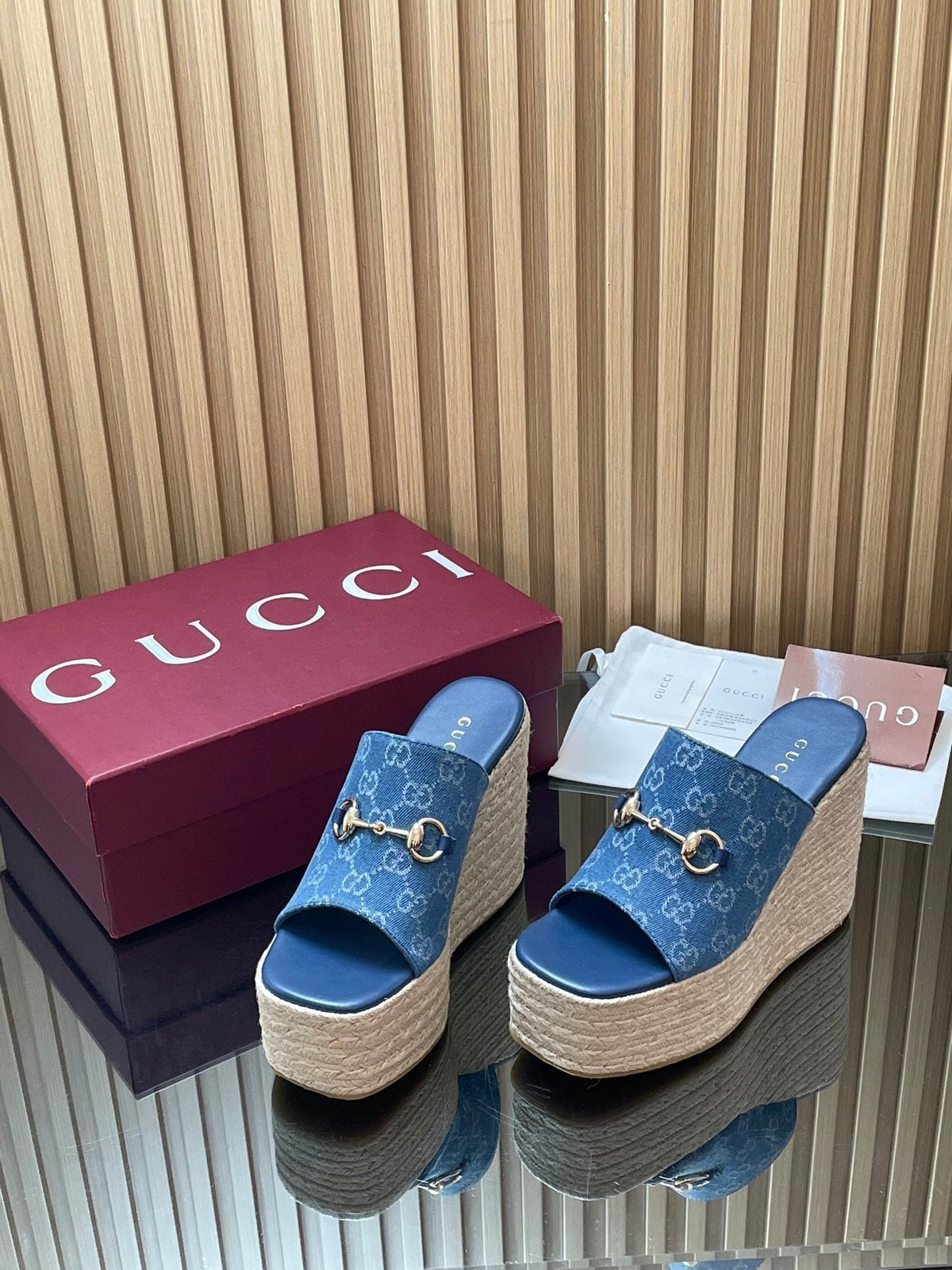 Gucci 26S Wedge Sandals 11Cm In Blue Canvas GG Monogram