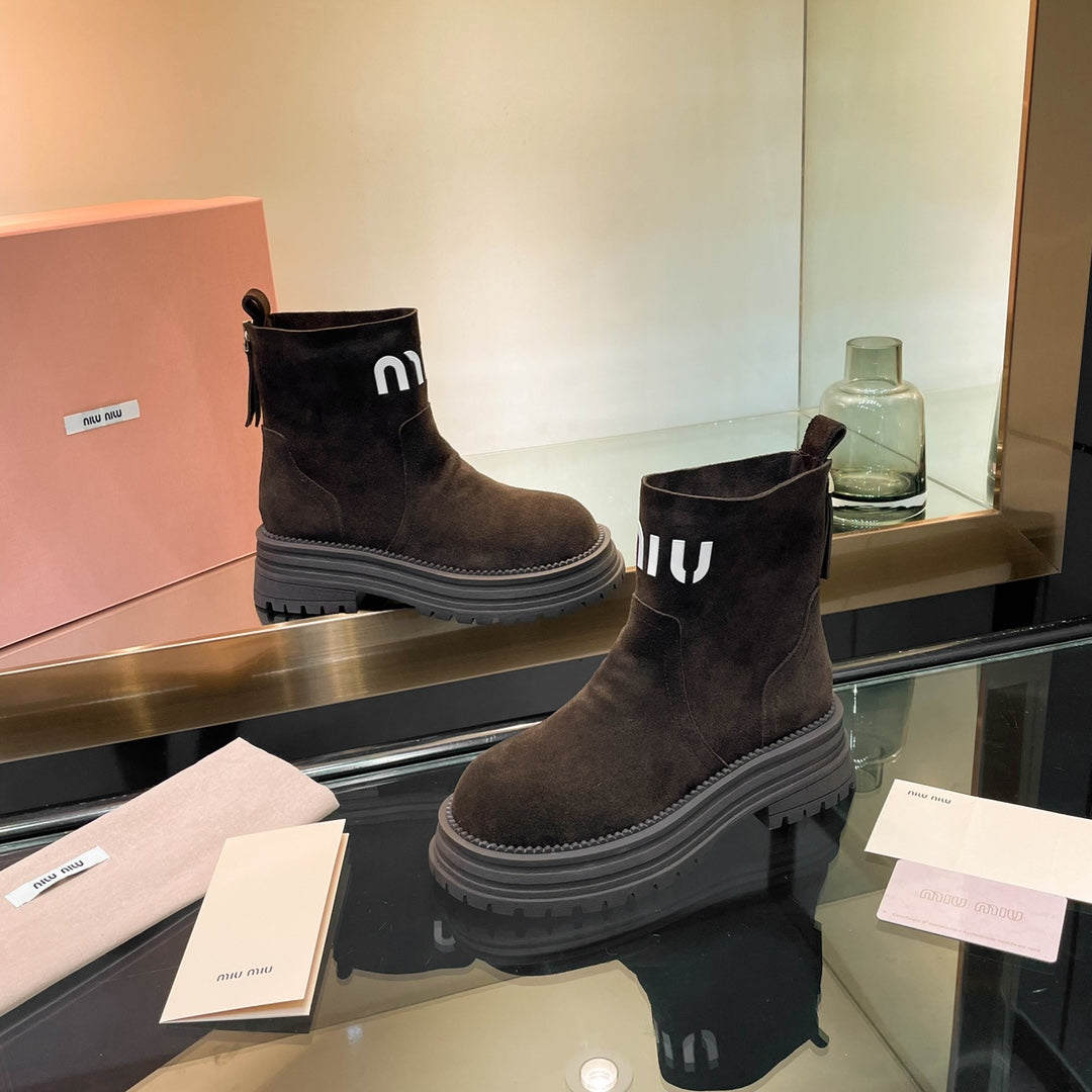 Miumiu 26s Logo Chunky Ankle Boots Dark Brown Suede