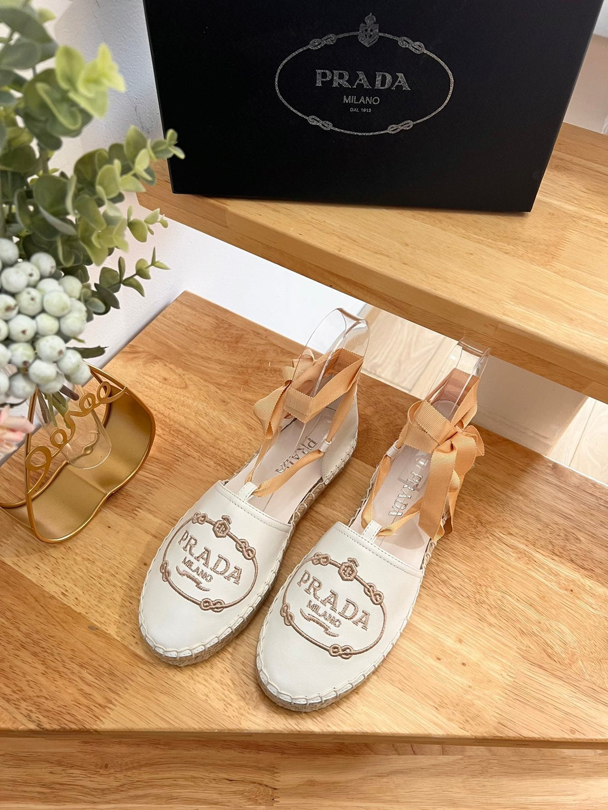 Prada 26s Lace Up Espadrille Flats Cream White Calfskin