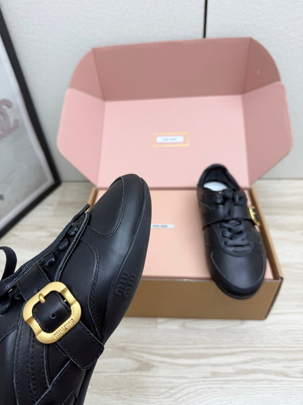 Miumiu 26s Buckle Sneakers Black Calfskin With Gold Hardware