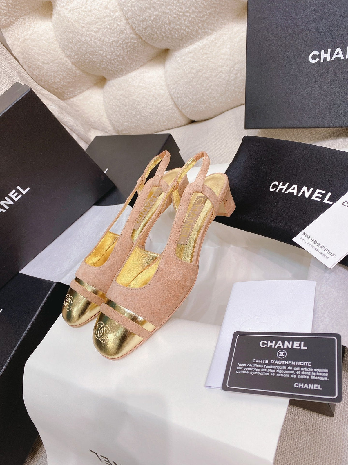 CC 26S Slingback Flats Square-Toe 4cm Colorblock Suede Leather 156344