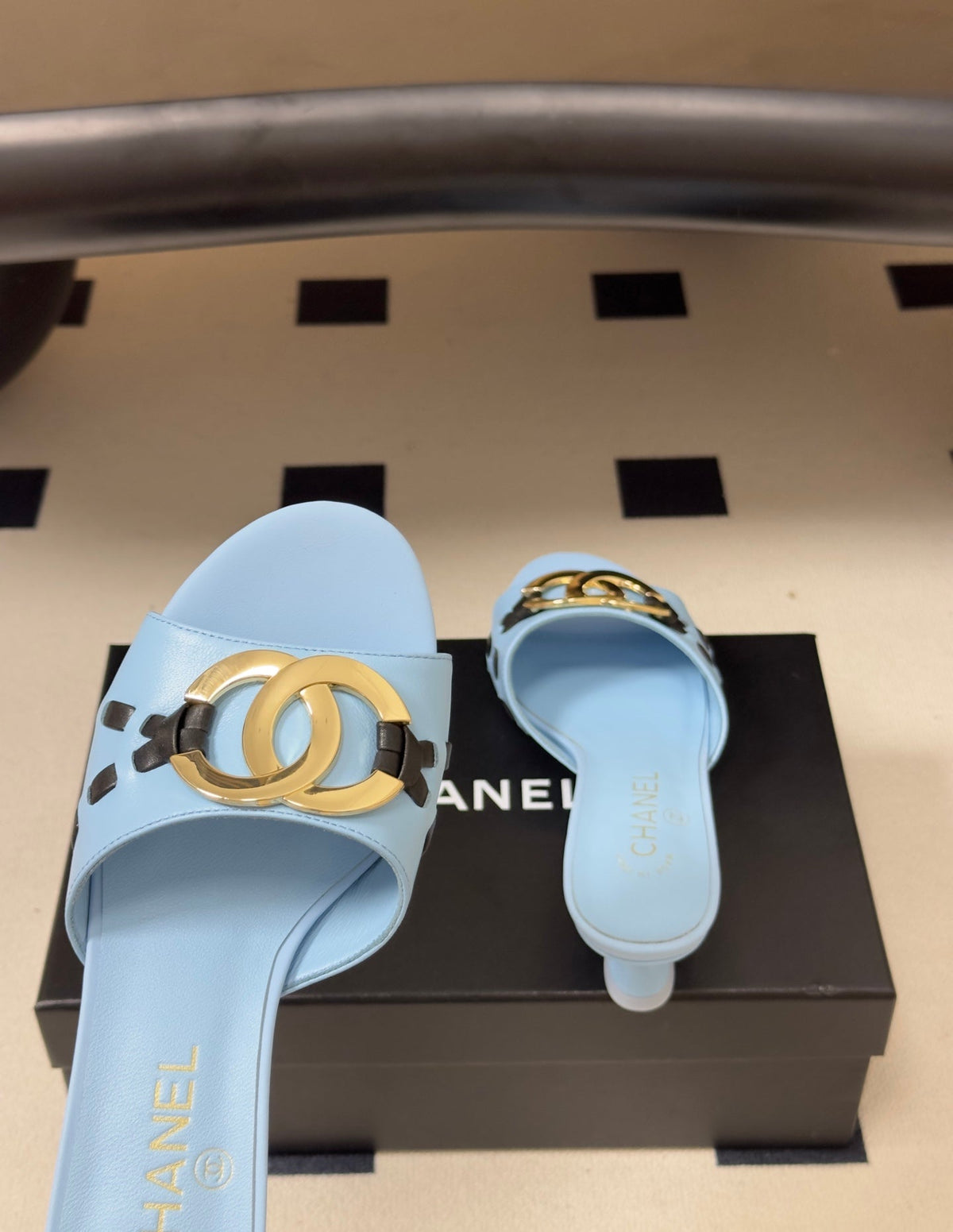 CC 26S High Heel Mule in Light Blue Lambskin with Gold-Tone CC Logo