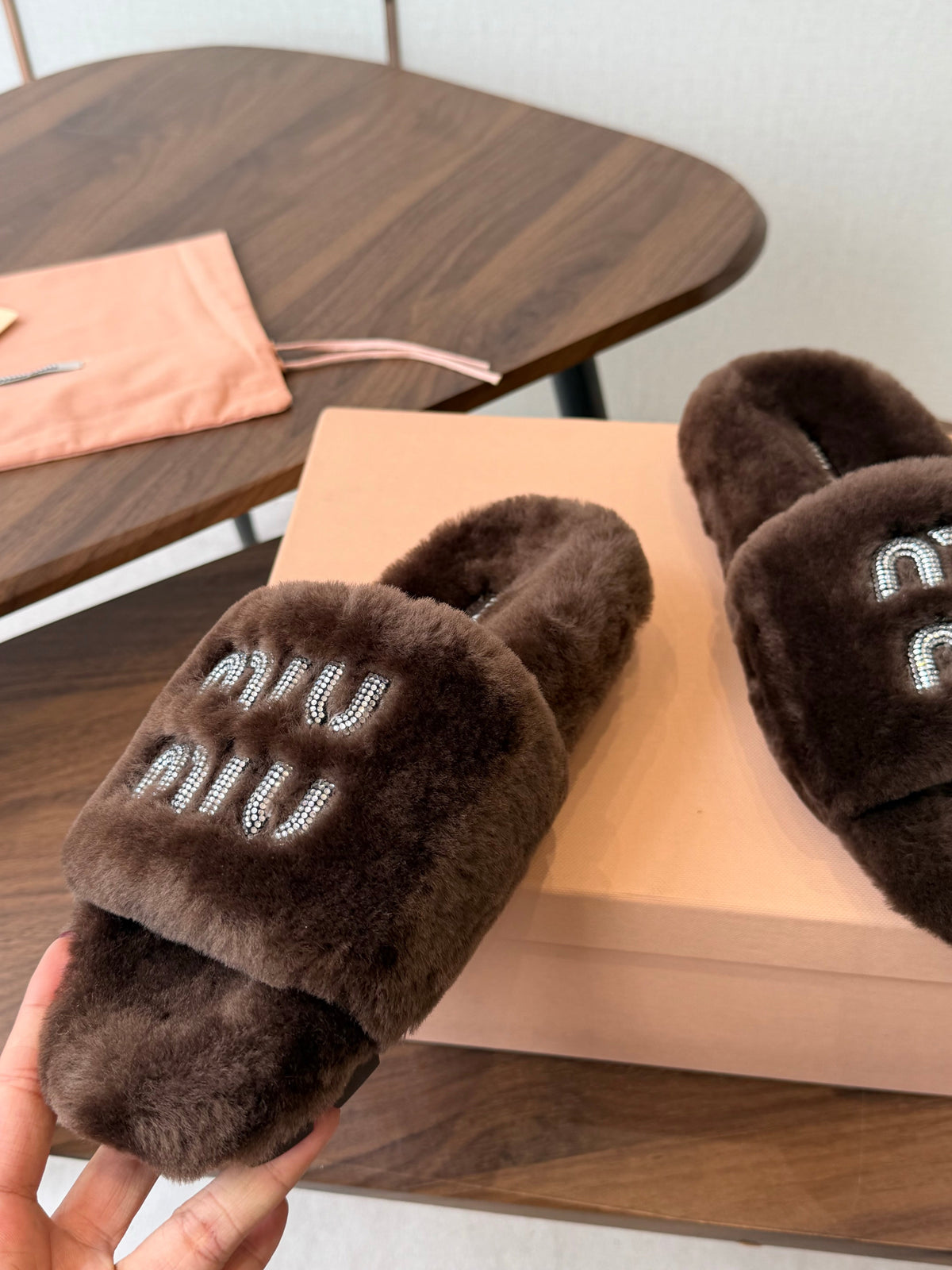 Miumiu 26s Crystal Logo Slides Dark Brown Shearling