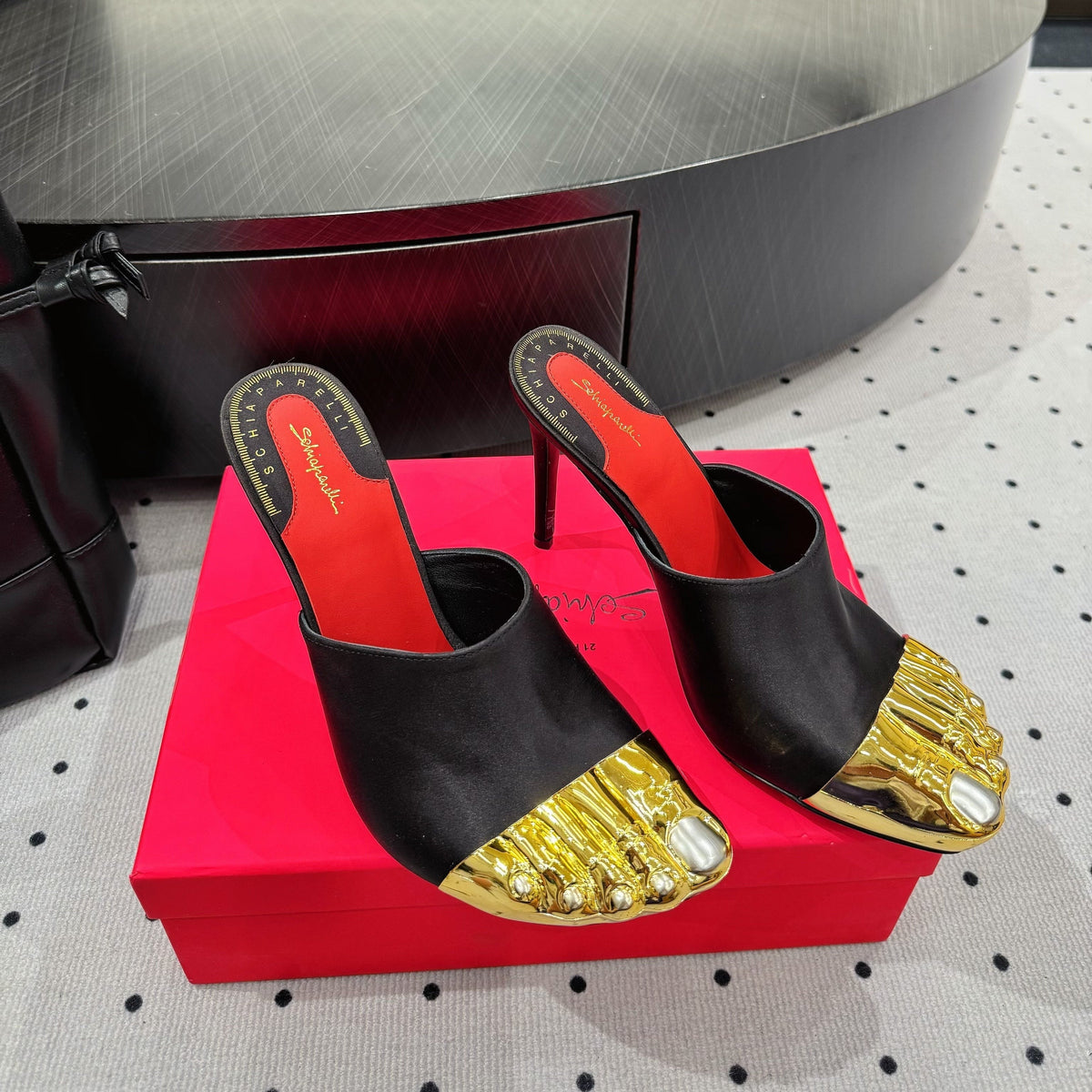 MS Trompe L'oeil Toe Mules 10.5cm  Black Gold Leather Blend With Silk