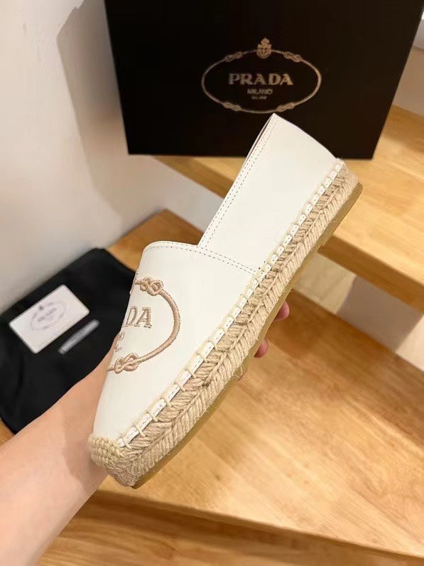 Prada 26s Embroidered Logo Espadrille Flats White Calfskin