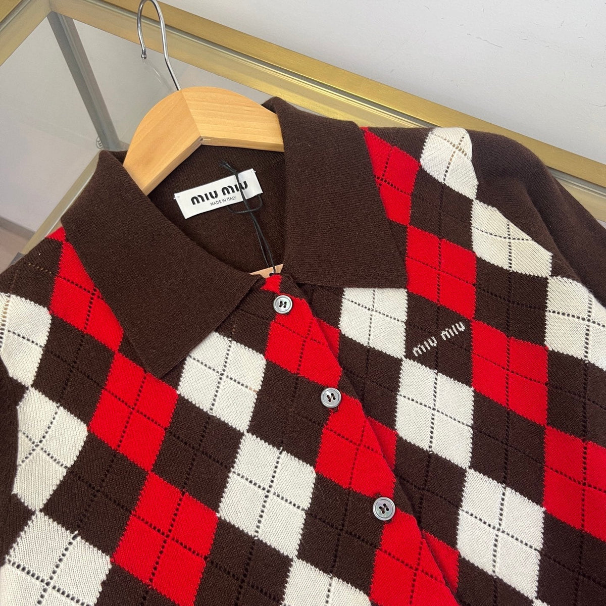 Miumiu 2026 Argyle Pattern Cardigan Dark Brown Cashmere 435392