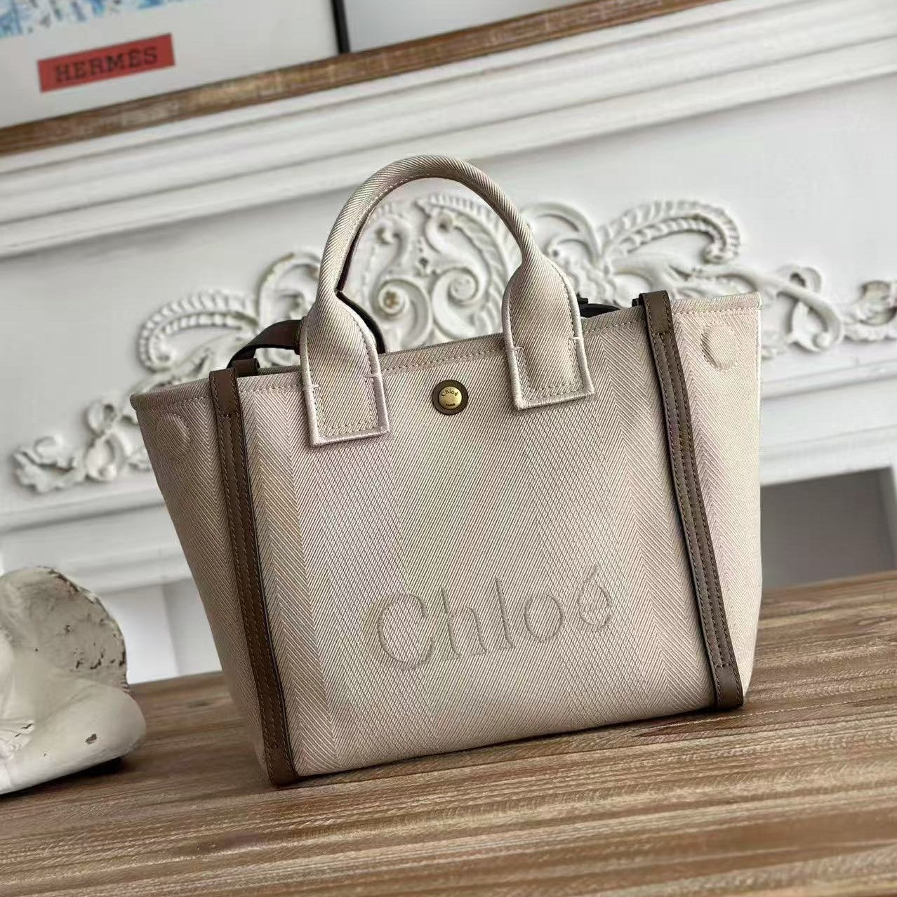 Chloé Carry Tote Bag 25cm Beige Cotton