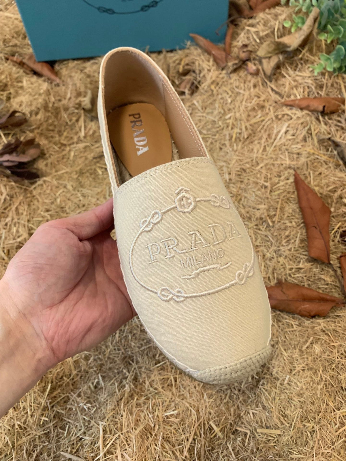 Prada 26s Espadrille Flats Light Beige Canvas Embroidered Logo
