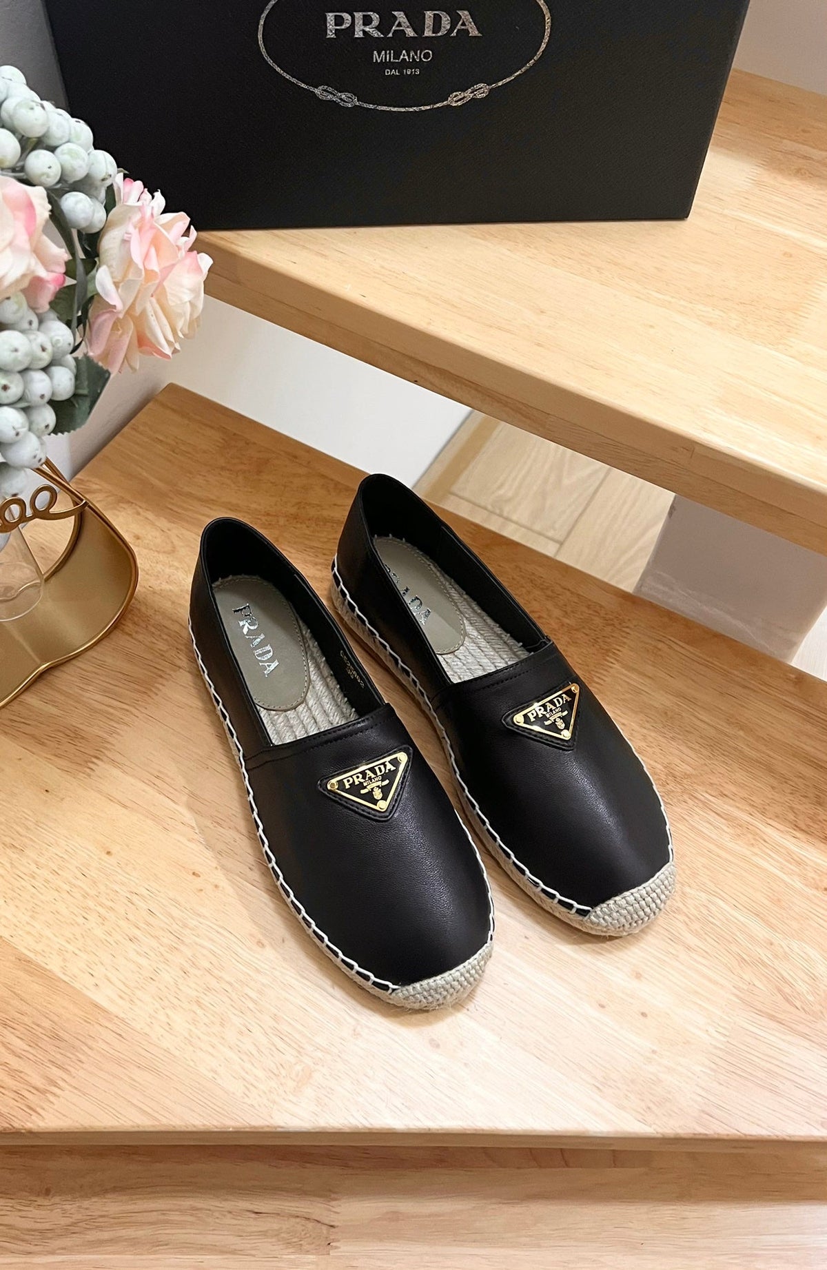 Prada 26s Logo Espadrille Slip On Flats Black Calfskin