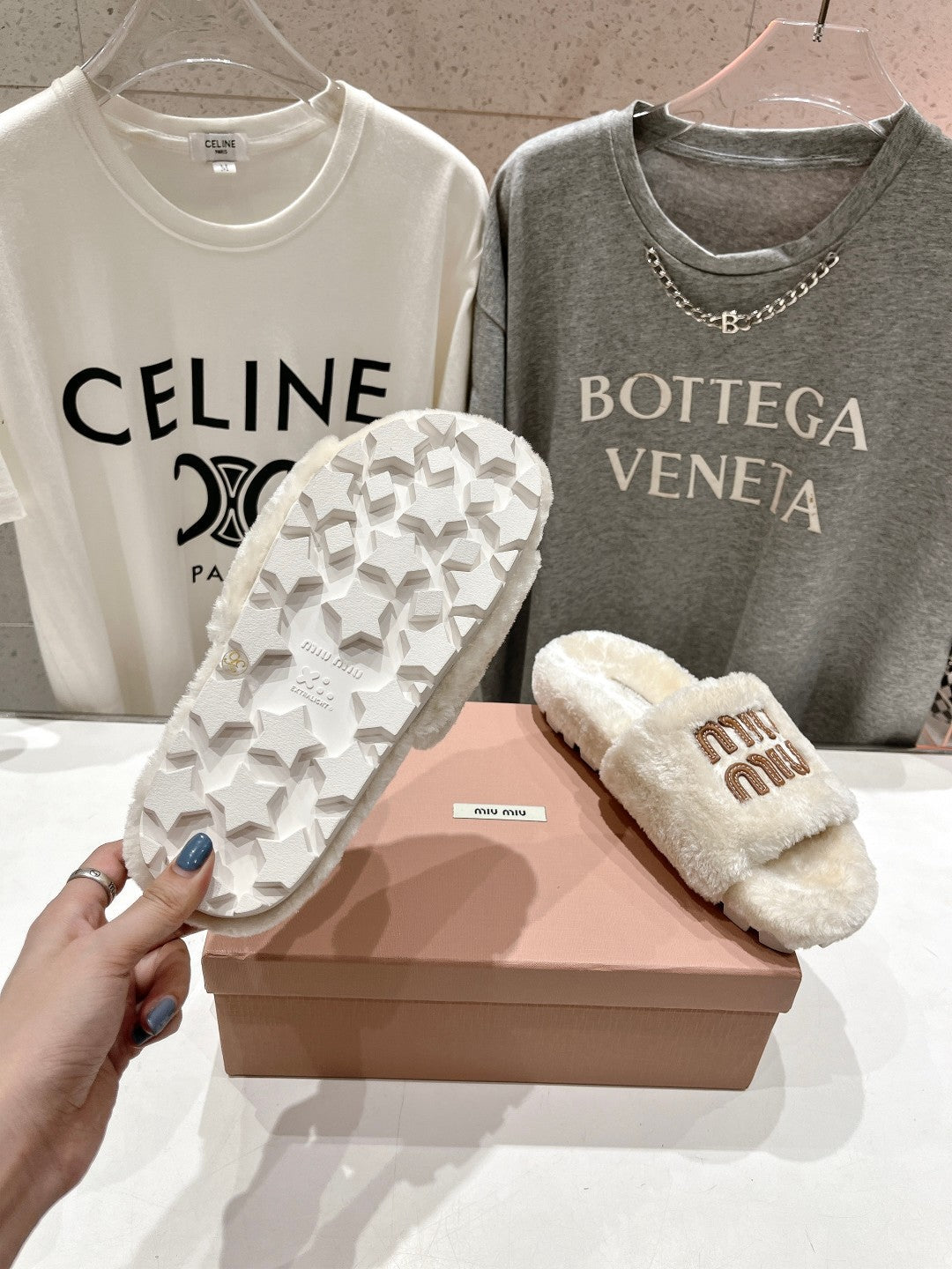 Miumiu 26s Flat Slides Cream Beige Shearling