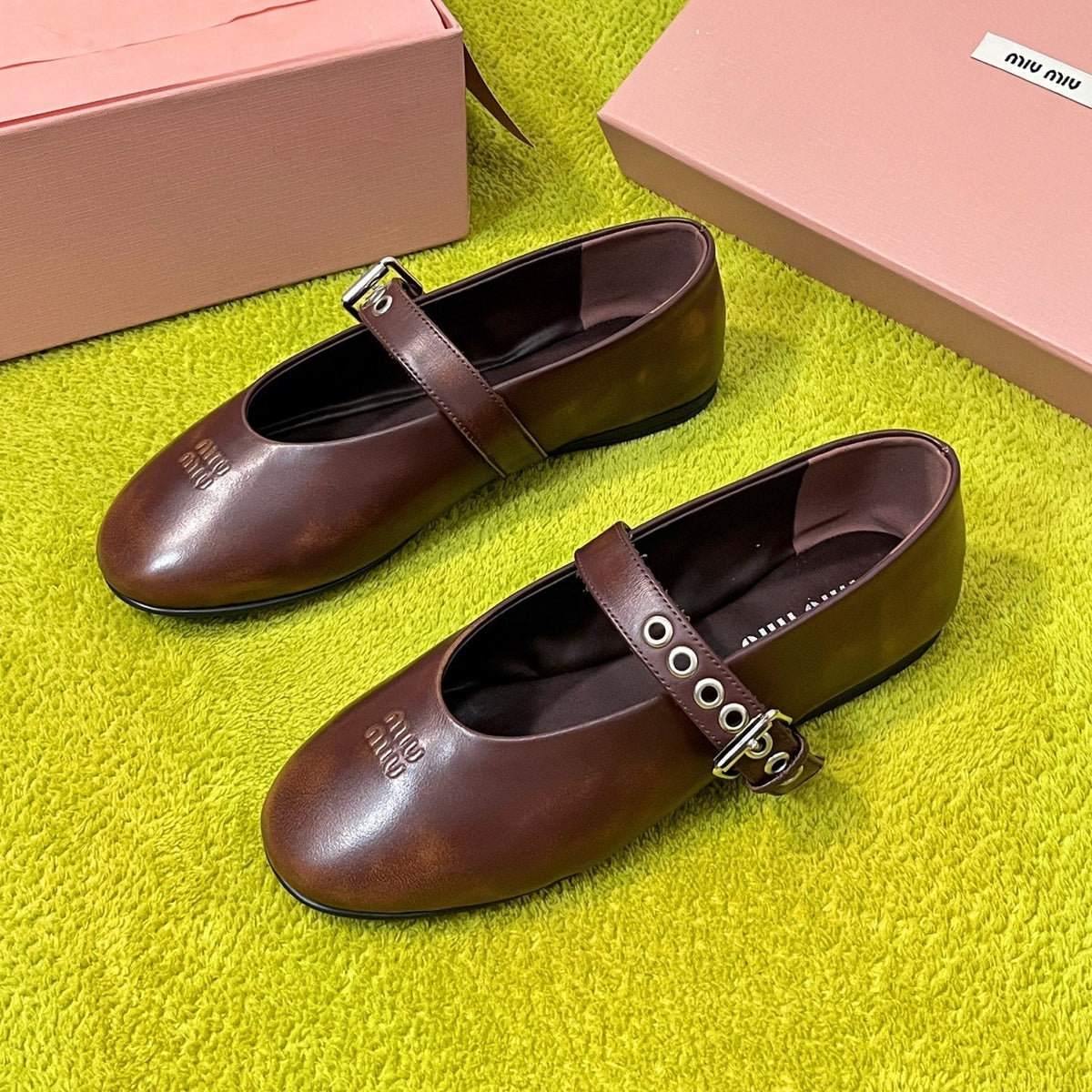 Miu 26S Mary Jane Ballerina Flats Buckle Brown Cowhide 137197