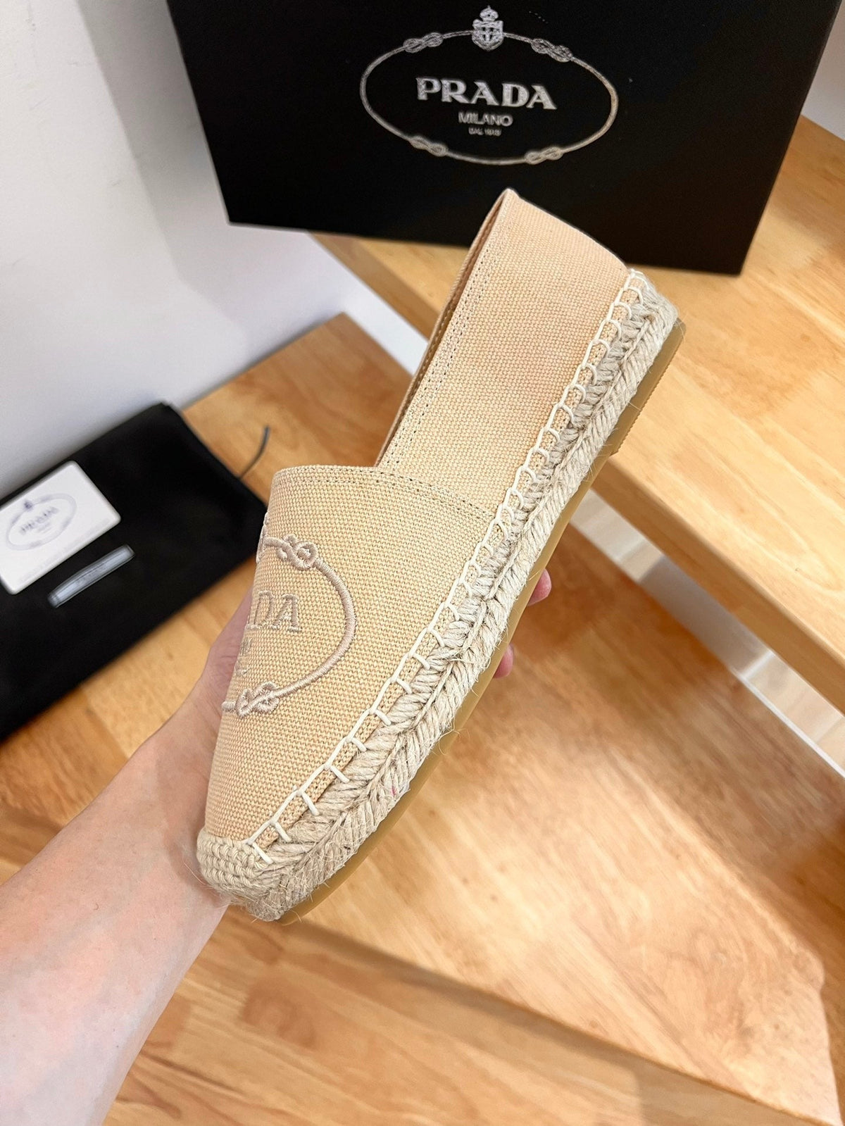 Prada 26s Embroidered Logo Espadrille Flats Beige Canvas