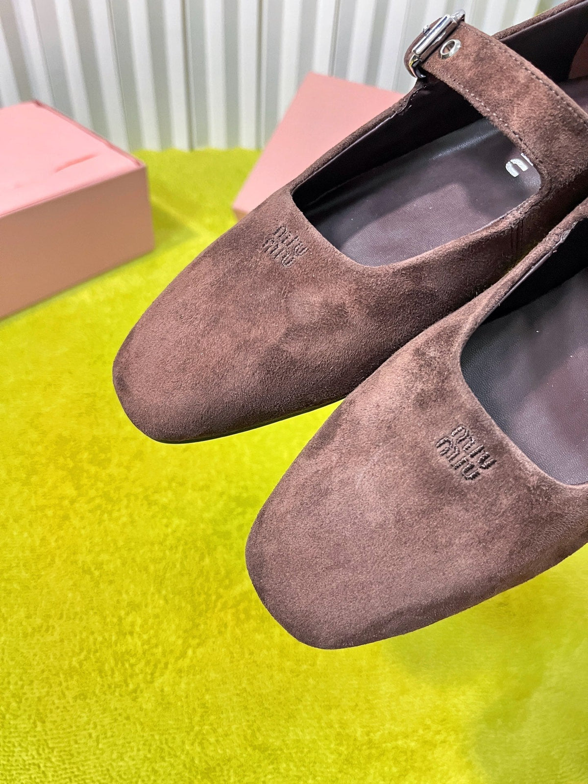 Miu 26S Mary Jane Flats Buckled Strap Logo Brown Suede 137202