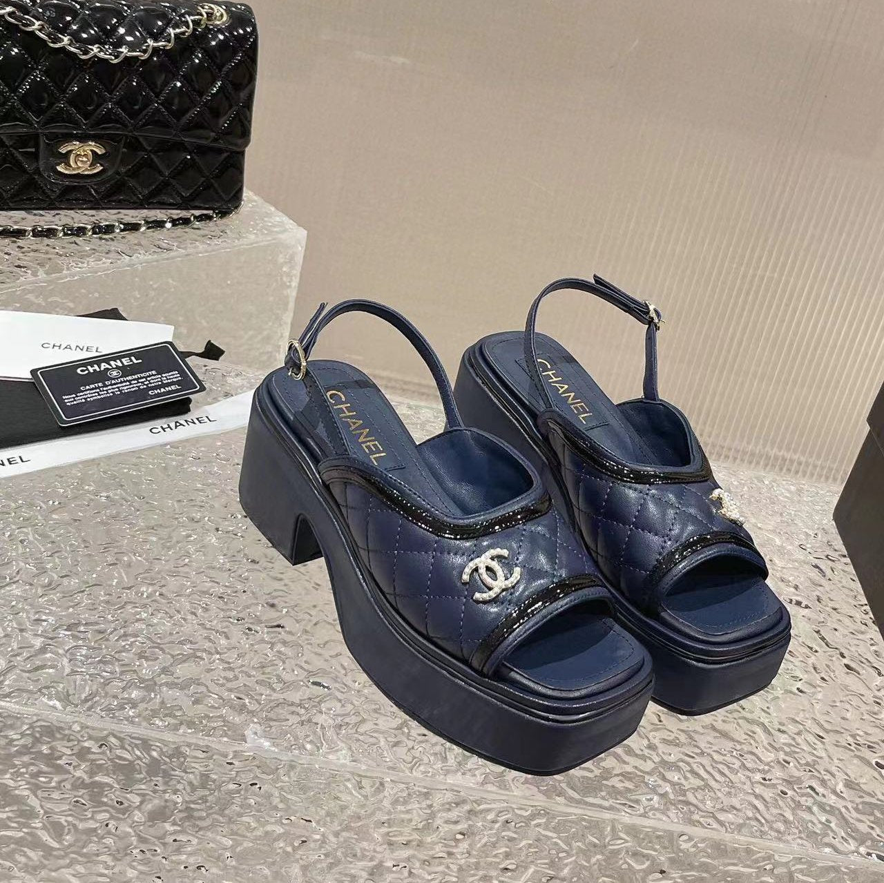 cc platform slingback sandal dark blue calfskin