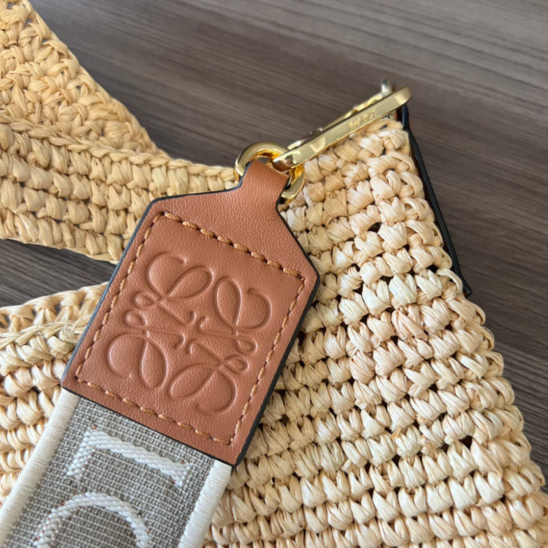 Mini Slit Tote 30cm Beige Raffia Tan Calfskin