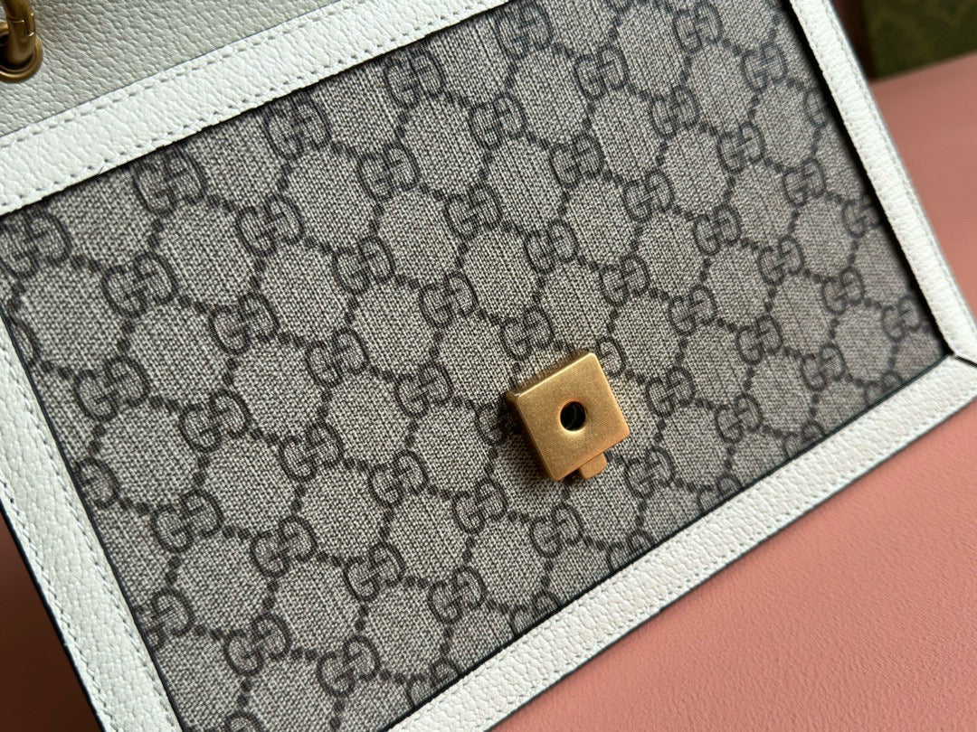GG MINI 25 HANDBAG IN BEIGE CANVAS AND WHITE CALFSKIN