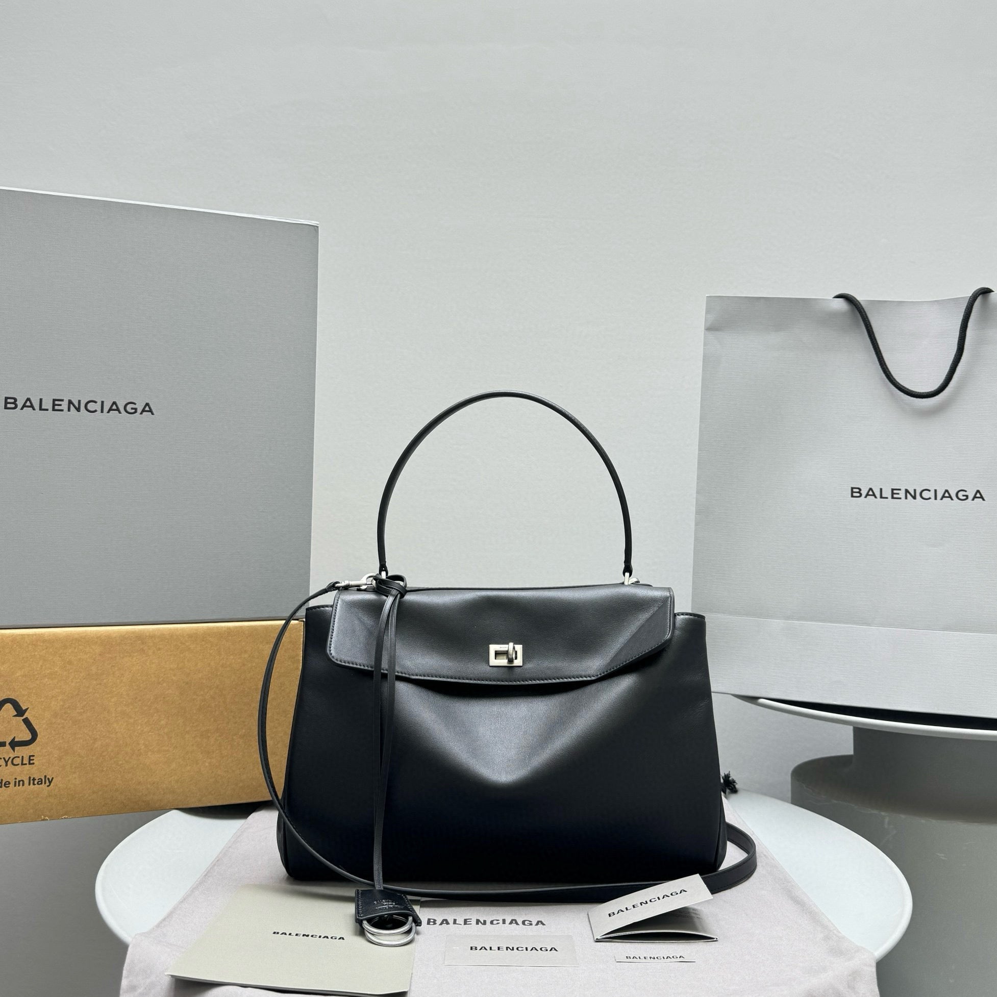 Balencia Tote Bag Black Calfskin Silver Hardware