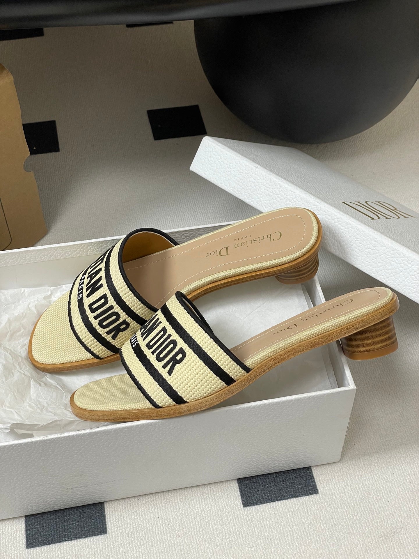 CD Dway Heeled Slide 35mm Natural Raffia and Deep Blue Embroidered Cotton