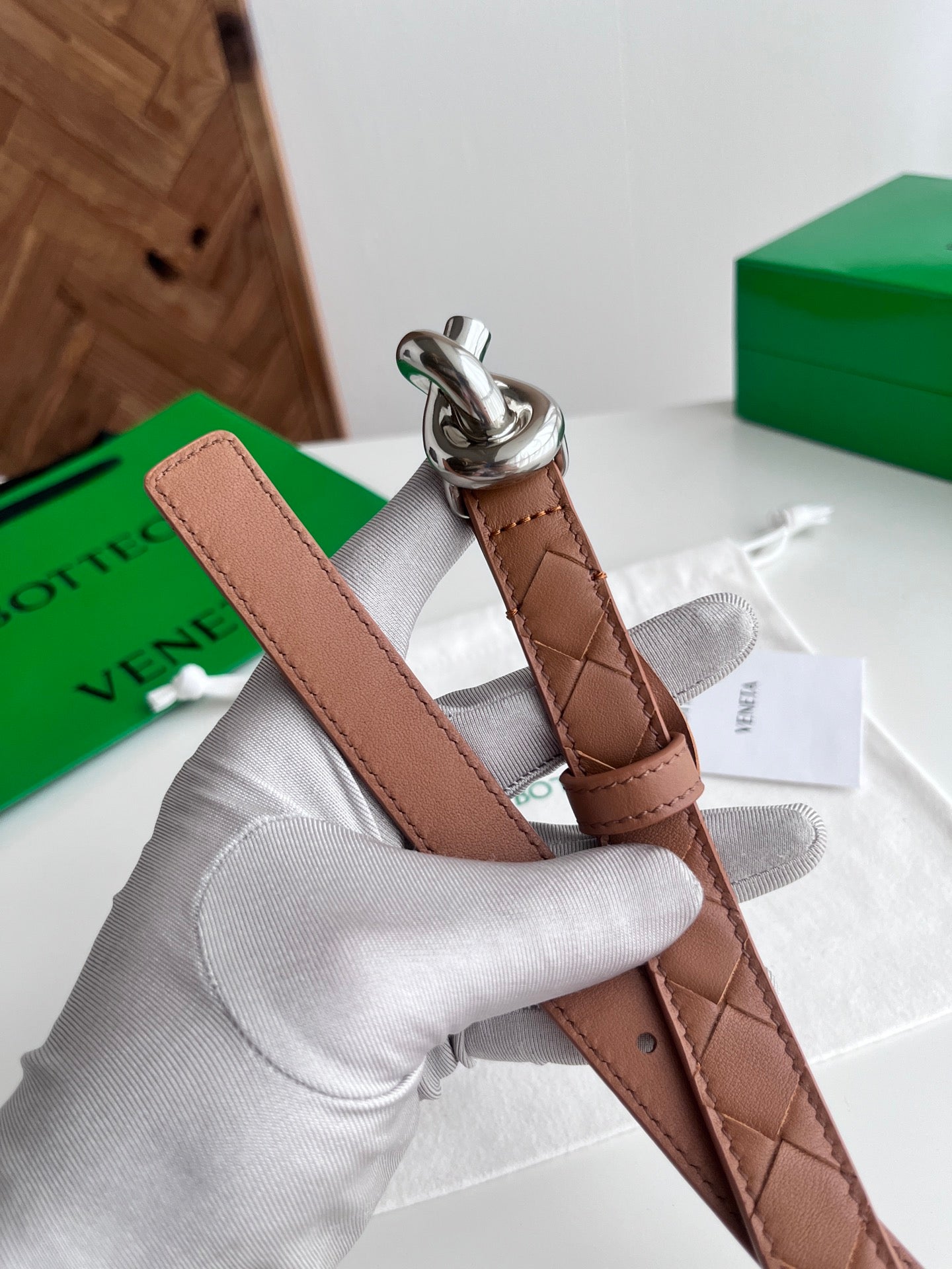 BV 26S Intreccio Andiamo Knot Buckle Belt 3cm Camel Sliver Calfskin 192588