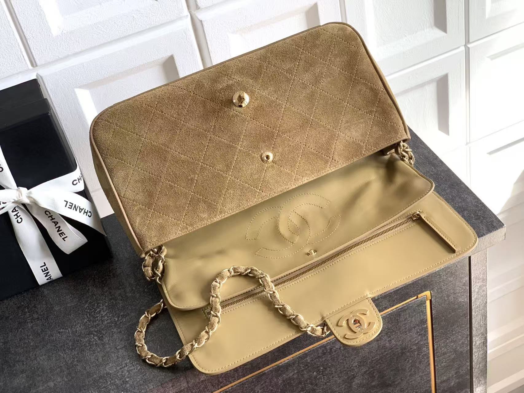 Chanel 2026 Maxi Flap Bag 32cm Beige Suede Calfskin