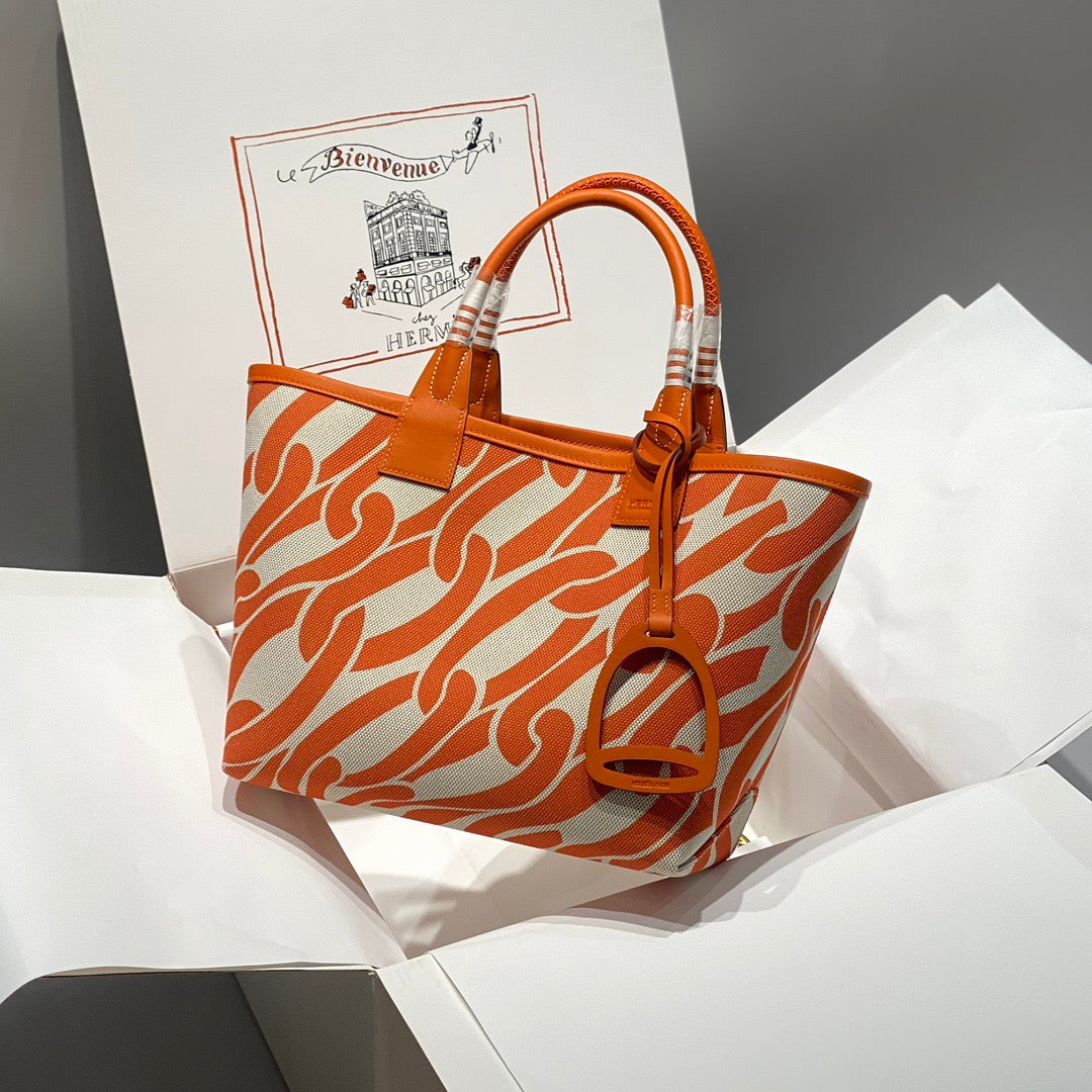 HM Steeple 25 Bag Orange Ivory Calfskin Canvas