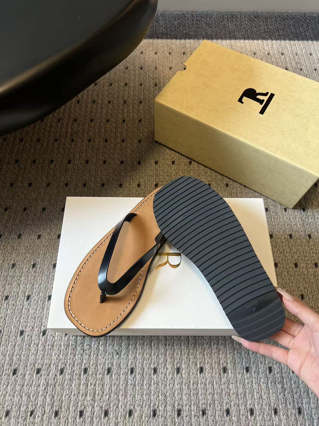 The Row City Flip Flops Black Brown Calfskin