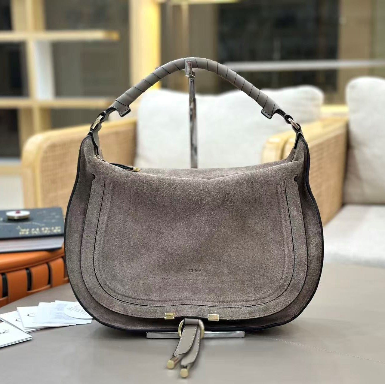 Chloe 26s Marcie Suede Shoulder Bag Grey Suede