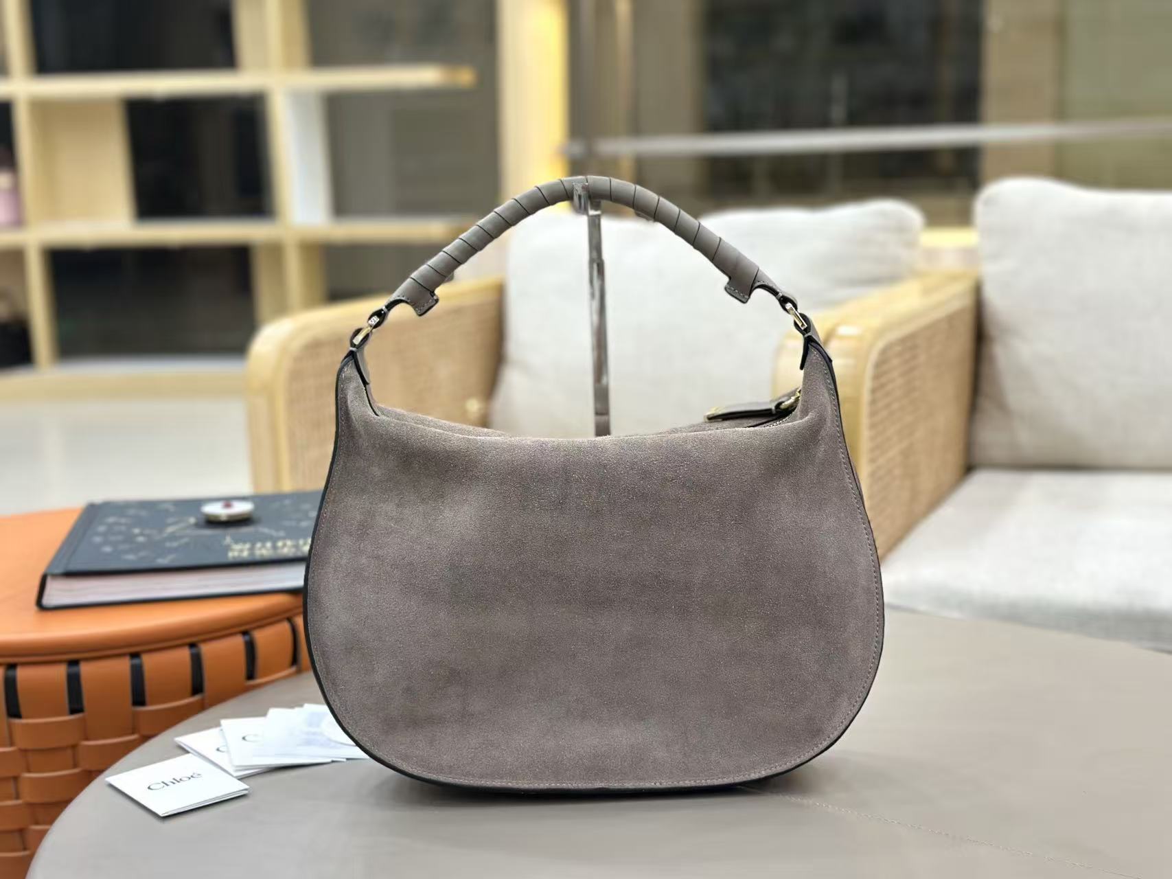 Chloe 26s Marcie Suede Shoulder Bag Grey Suede