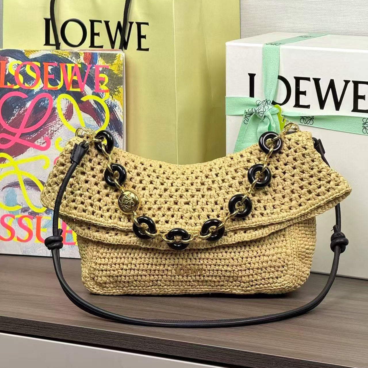 Loewe Ibiza Ola Medium Shoulder Bag Beige Raffia