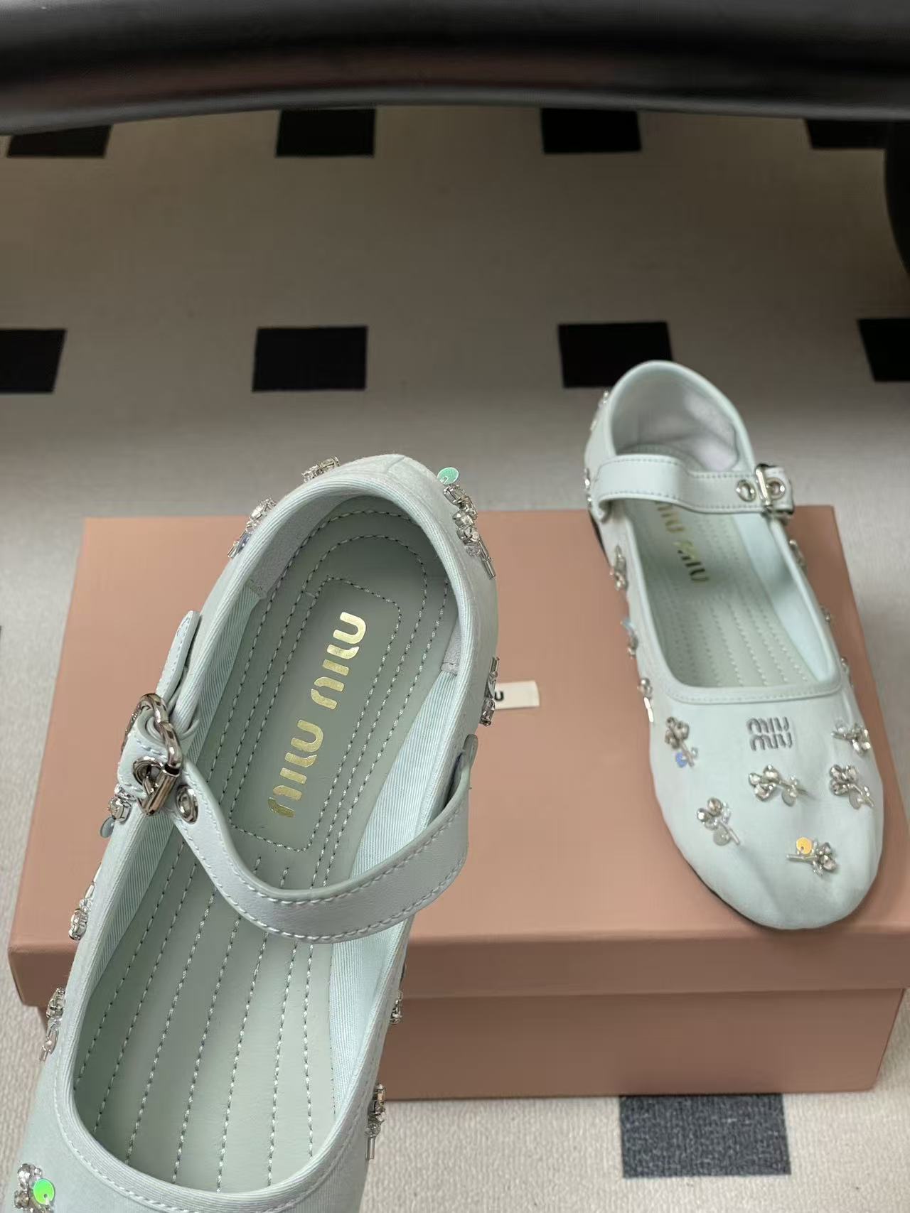 Miu 26s Crystal-Embellished Drill Ballerinas Light Blue Canvas