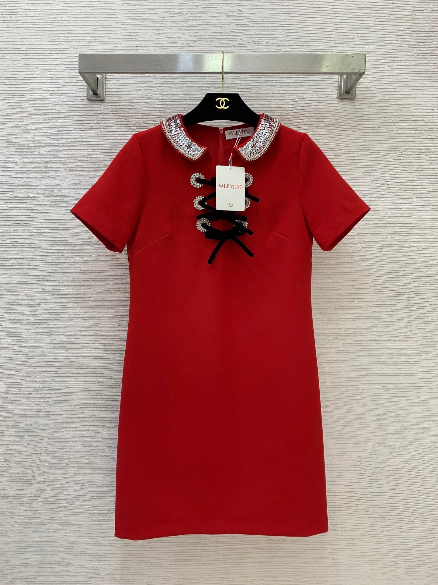 VT Embroidered Crepe Couture Short Dress Red Wool Silk