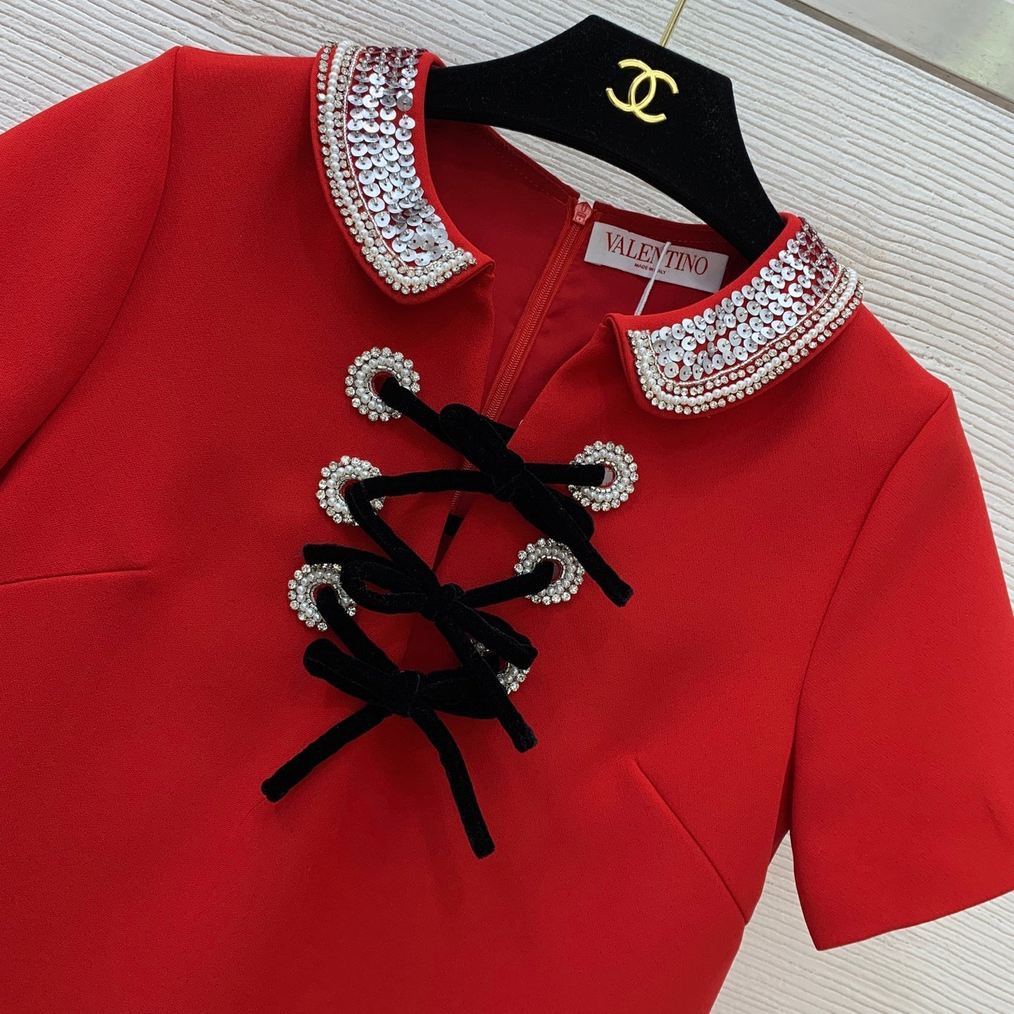 VT Embroidered Crepe Couture Short Dress Red Wool Silk